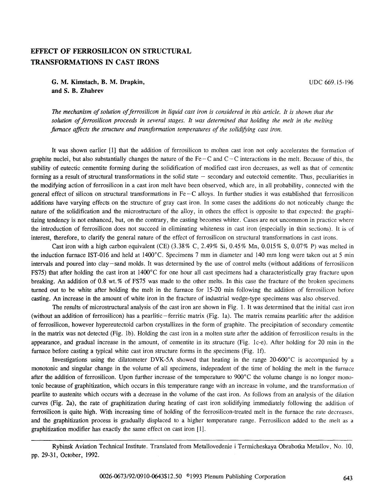 Effect of ferrosilicon on structural transformations in cast irons by Unknown