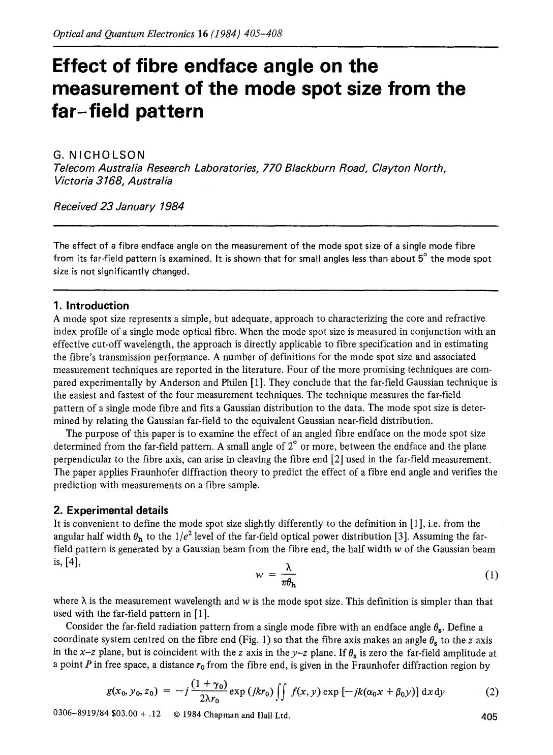 Effect of fibre endface angle on the measurement of the mode spot size from the far-field pattern by Unknown