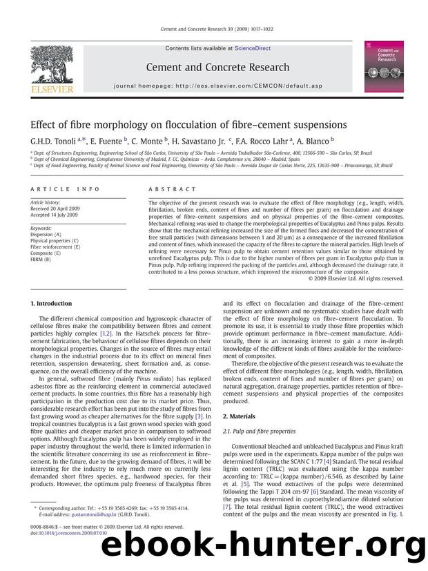 Effect of fibre morphology on flocculation of fibreâcement suspensions by G.H.D. Tonoli; E. Fuente; C. Monte; H. Savastano Jr.; F.A. Rocco Lahr; A. Blanco