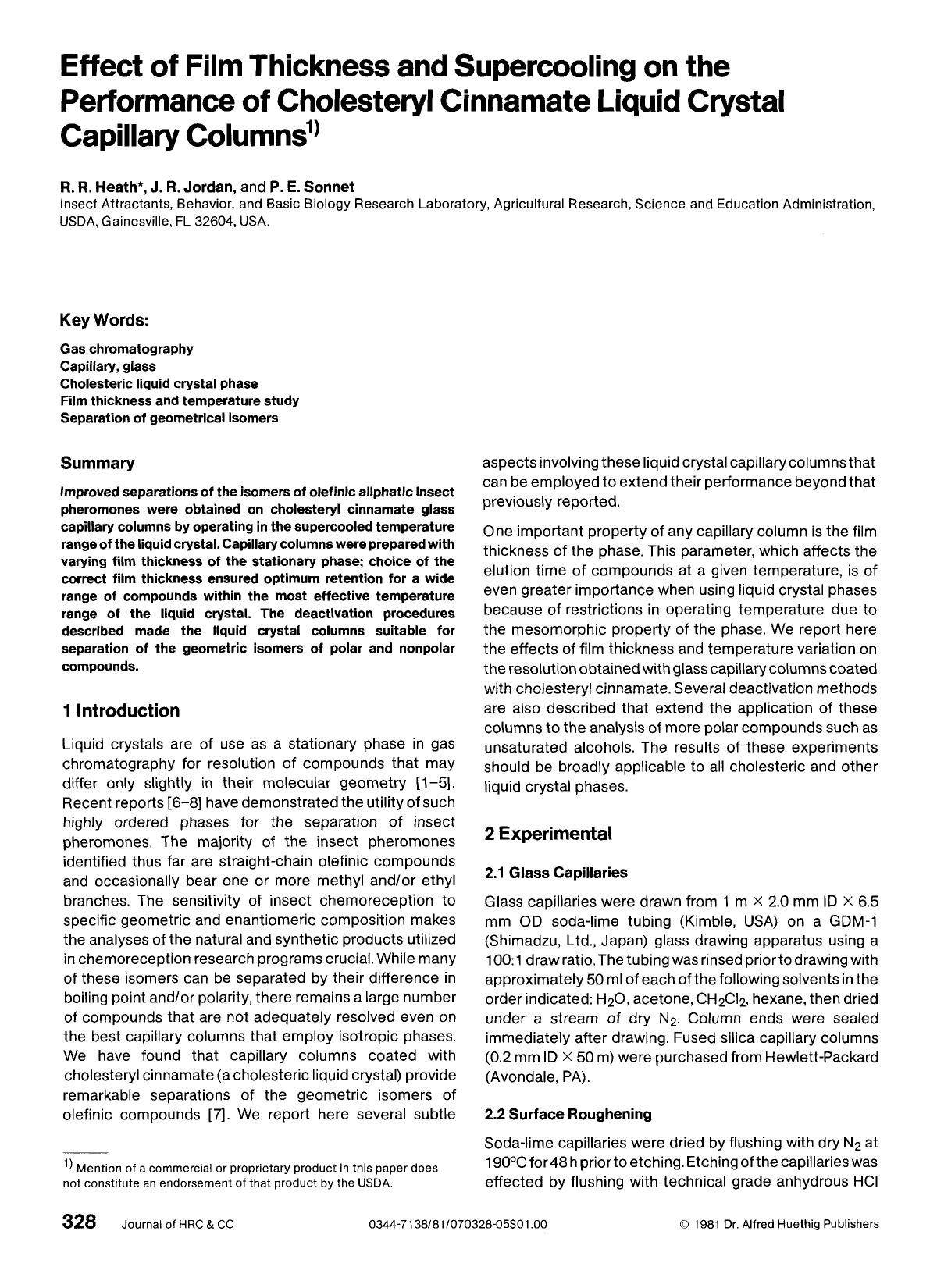 Effect of film thickness and supercooling on the performance of cholesteryl cinnamate liquid crystal capillary columns by Unknown