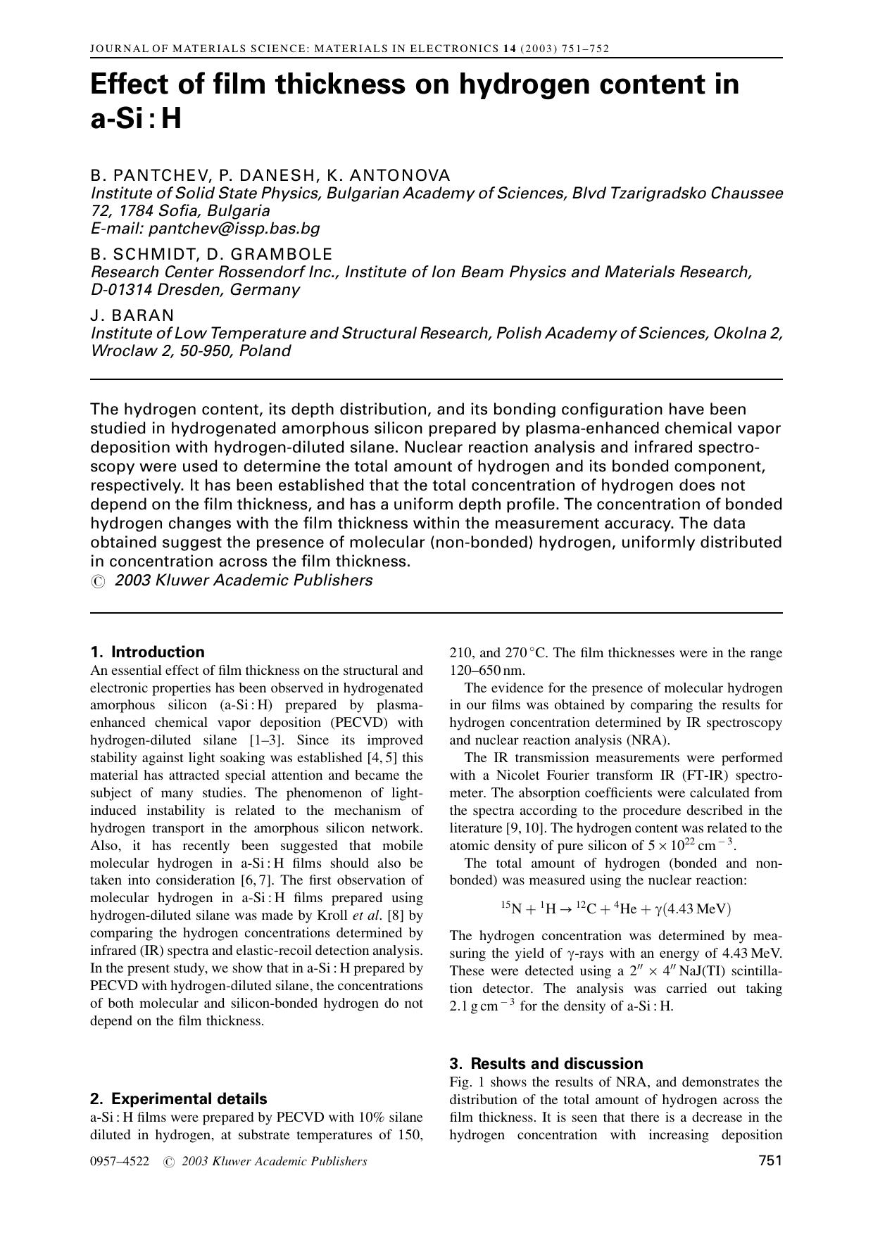 Effect of film thickness on hydrogen content in a-Si : H by Unknown