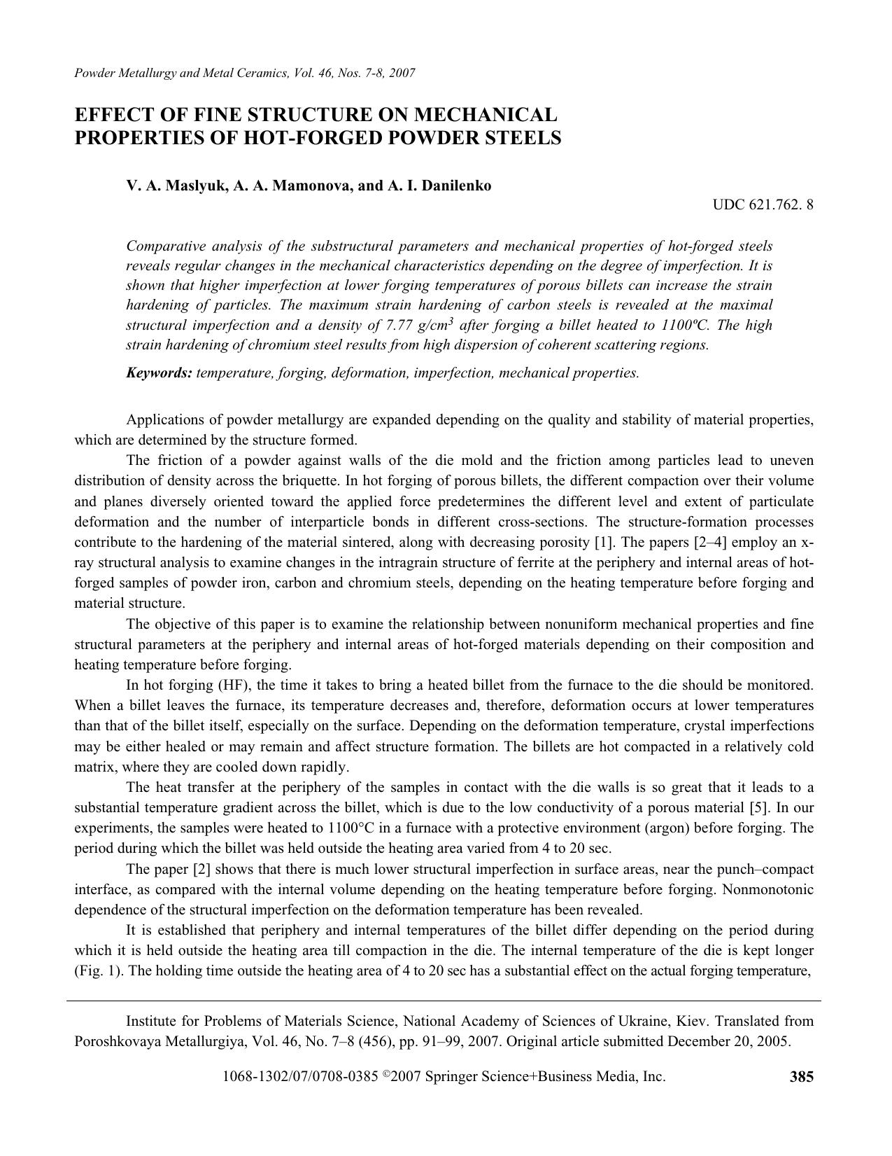Effect of fine structure on mechanical properties of hot-forged powder steels by Unknown