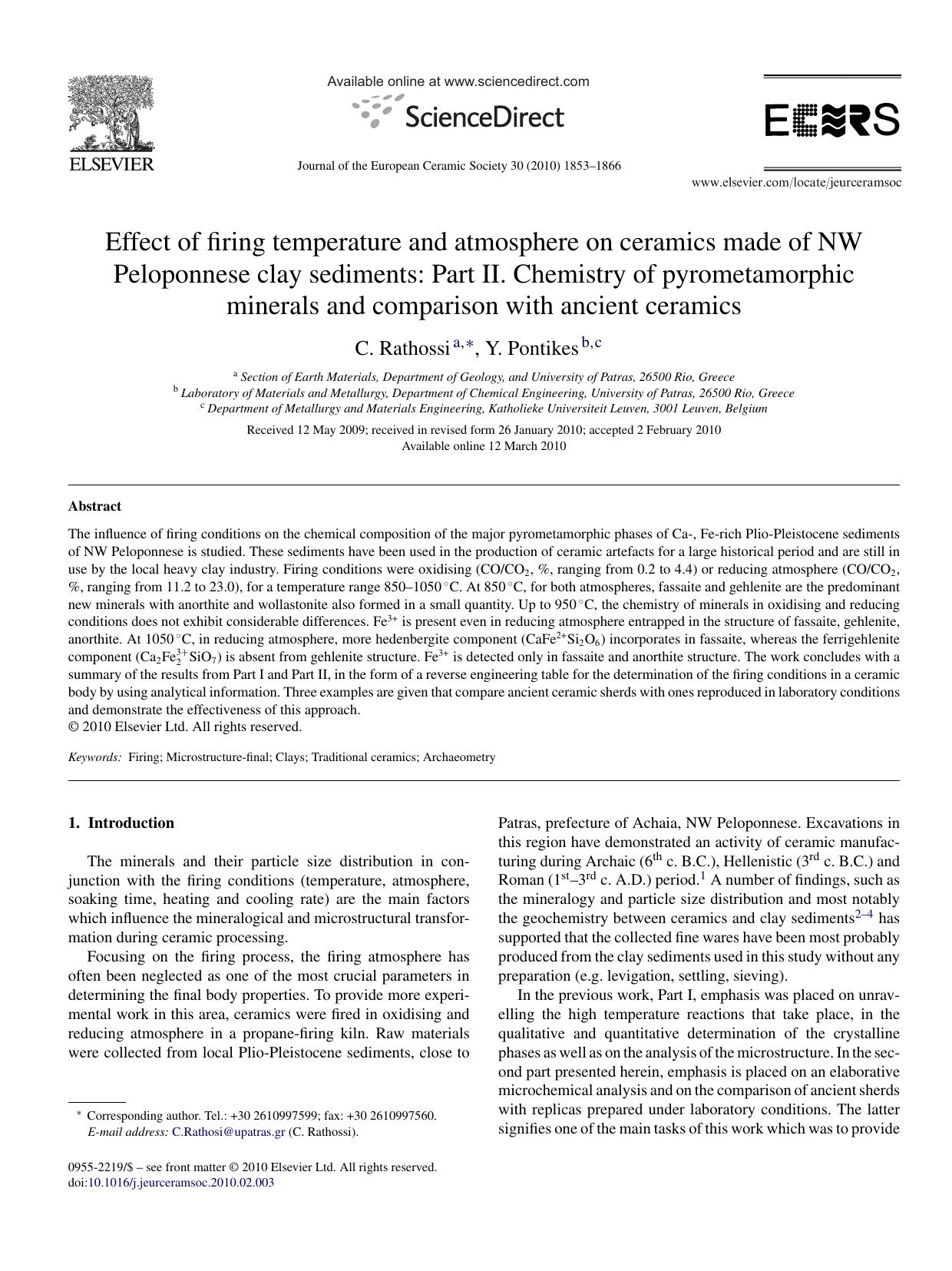 Effect of firing temperature and atmosphere on ceramics made of NW Peloponnese clay sediments: Part II. Chemistry of pyrometamorphic minerals and comparison with ancient ceramics by C. Rathossi; Y. Pontikes