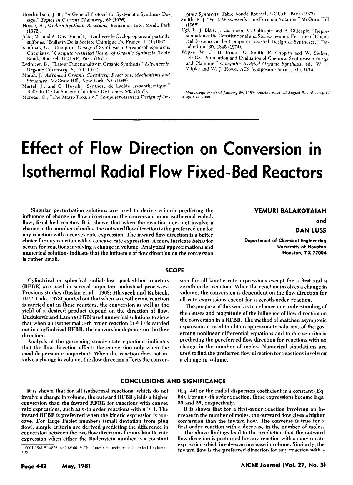 Effect of flow direction on conversion in isothermal radial flow fixed-bed reactors by Unknown