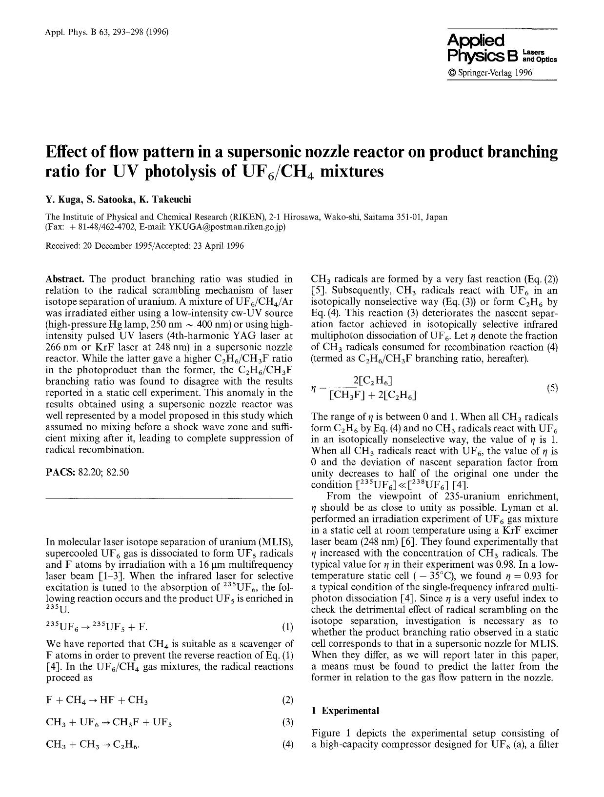 Effect of flow pattern in a supersonic nozzle reactor on product branching ratio for UV photolysis of UF6CH4 mixtures by Unknown