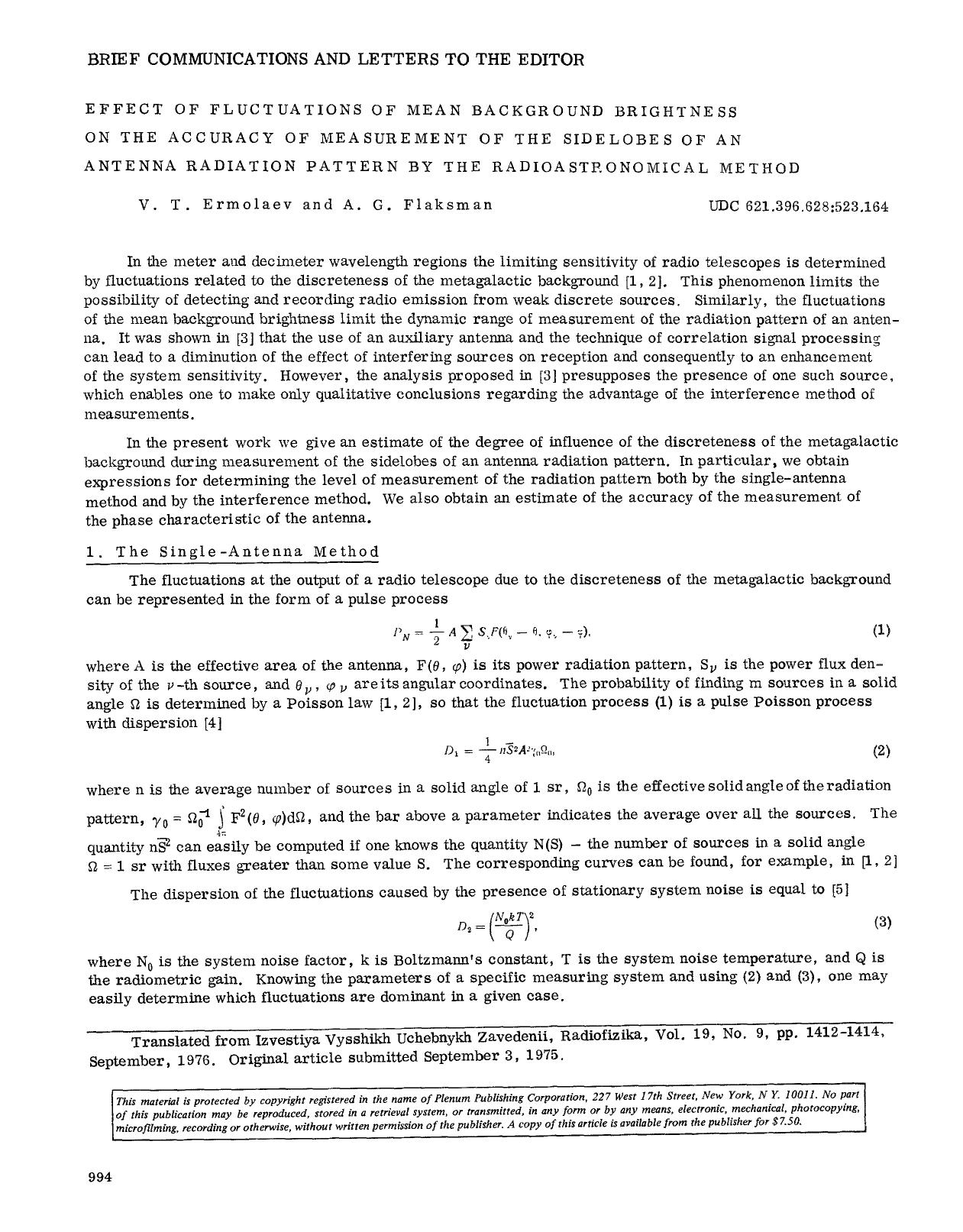 Effect of fluctuations of mean background brightness on the accuracy of measurement of the sidelobes of an antenna radiation pattern by the radioastronomical method by Unknown