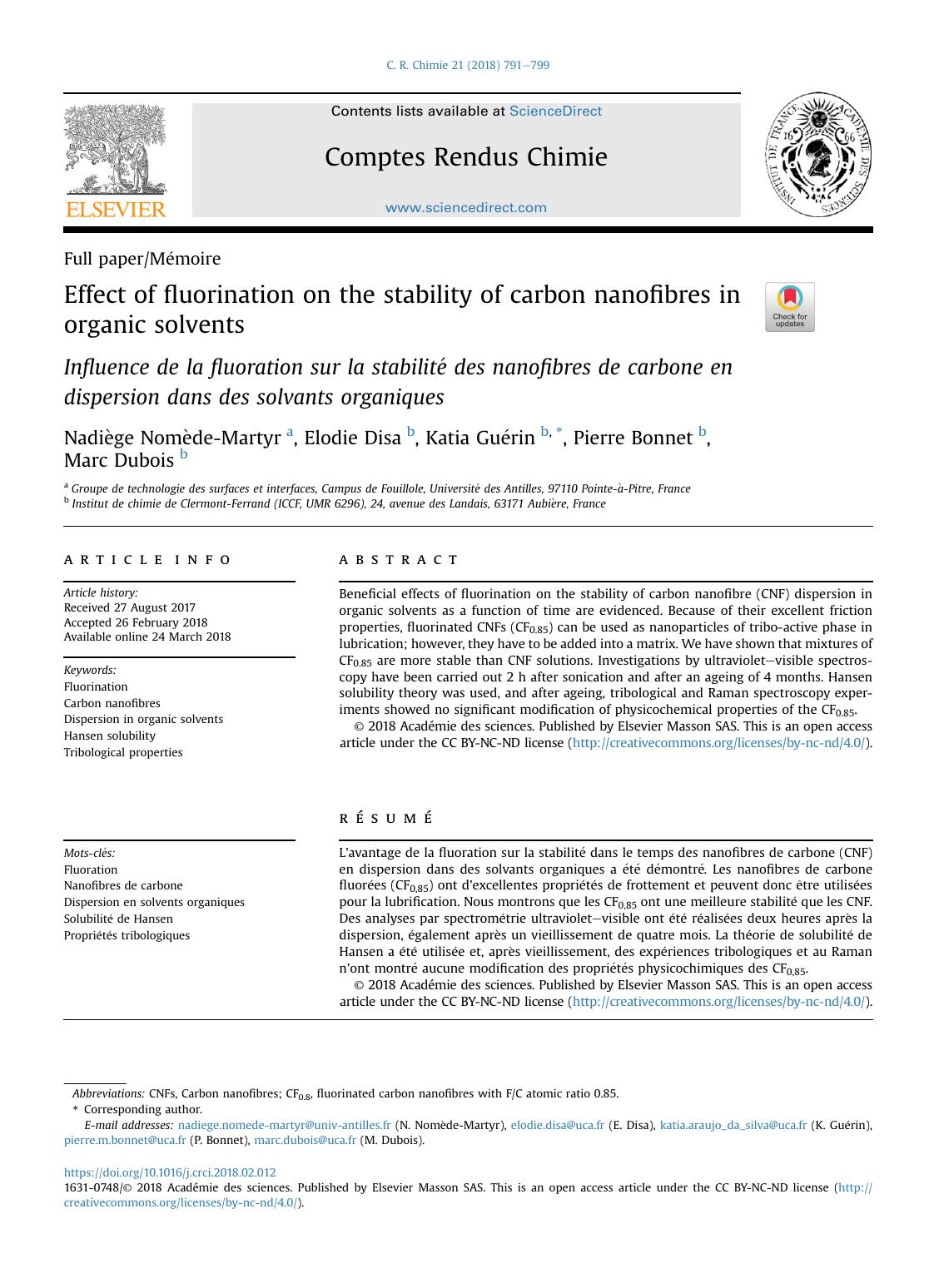 Effect of fluorination on the stability of carbon nanofibres in organic solvents by Nadiège Nomède-Martyr & Elodie Disa & Katia Guérin & Pierre Bonnet & Marc Dubois