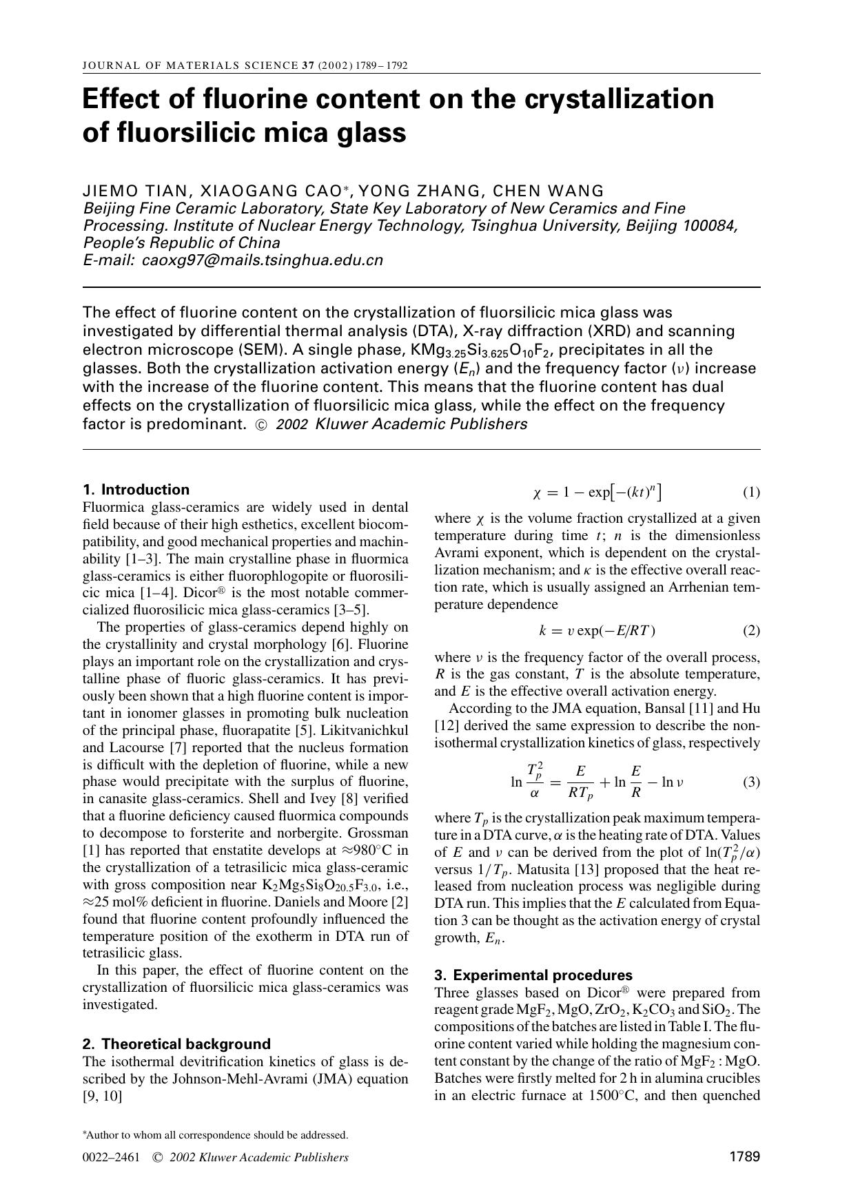 Effect of fluorine content on the crystallization of fluorsilicic mica glass by Unknown