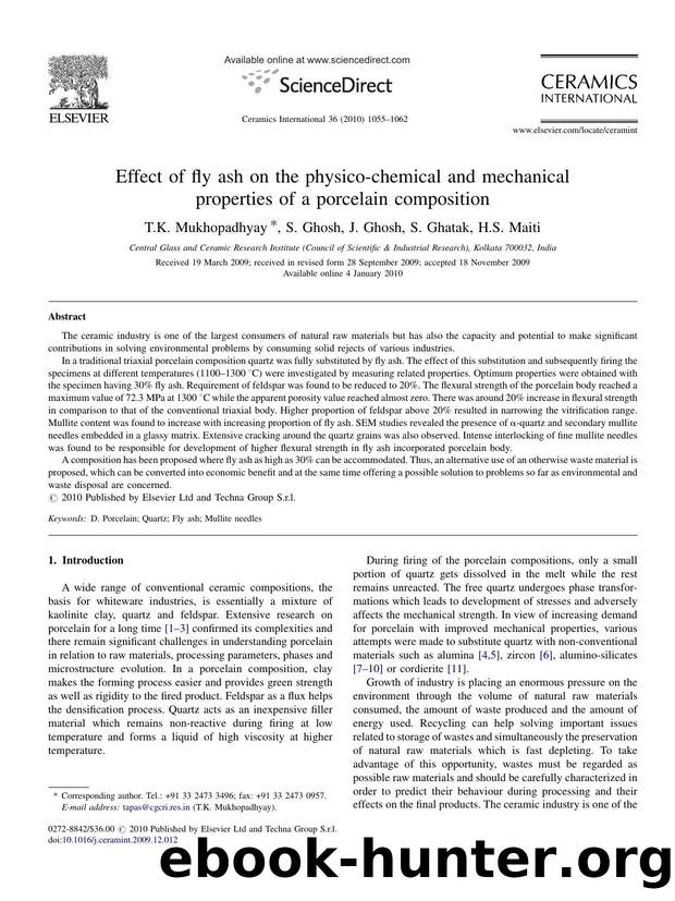 Effect of fly ash on the physico-chemical and mechanical properties of a porcelain composition by T.K. Mukhopadhyay; S. Ghosh; J. Ghosh; S. Ghatak; H.S. Maiti