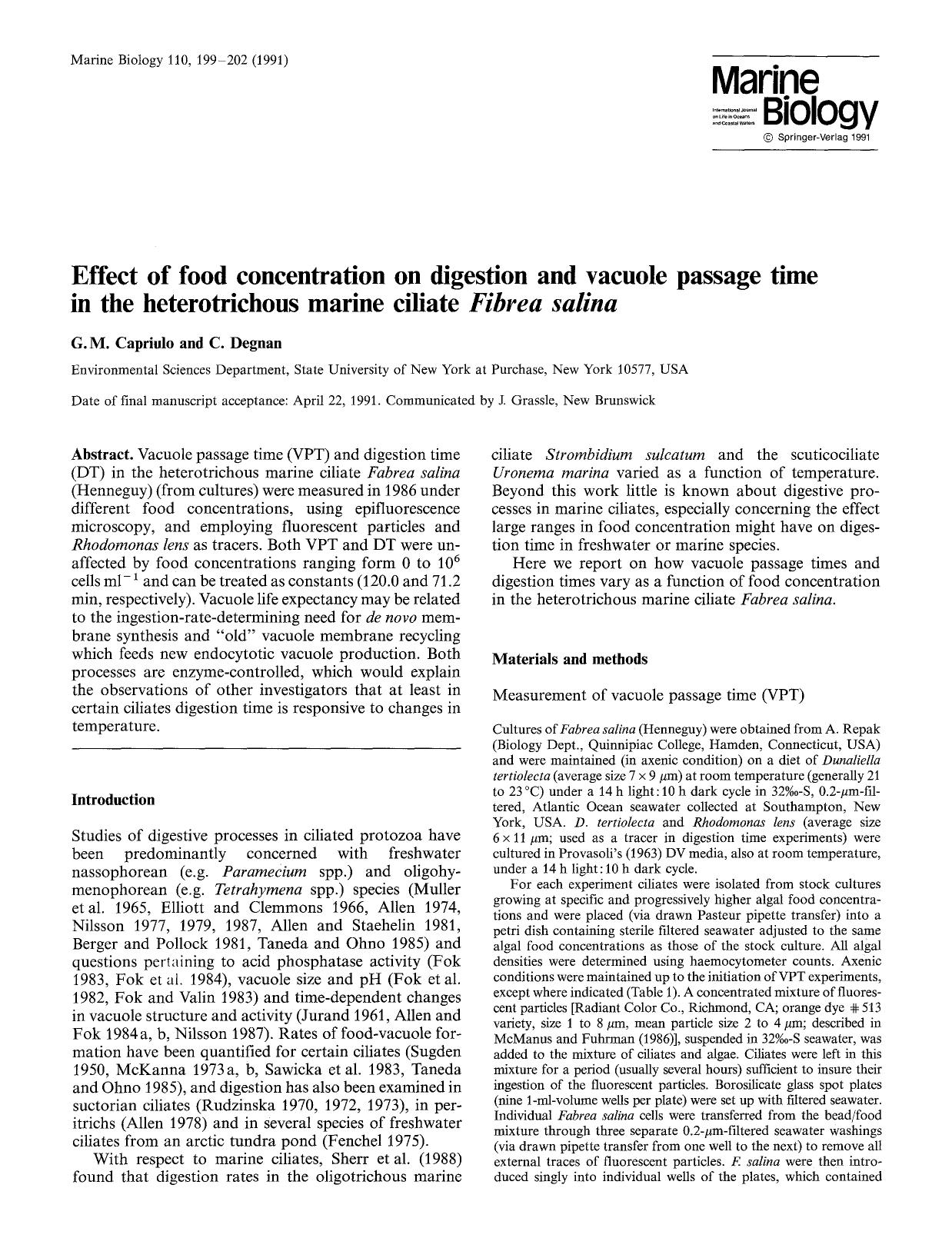 Effect of food concentration on digestion and vacuole passage time in the heterotrichous marine ciliate <Emphasis Type="Italic">Fibrea salina <Emphasis> by Unknown