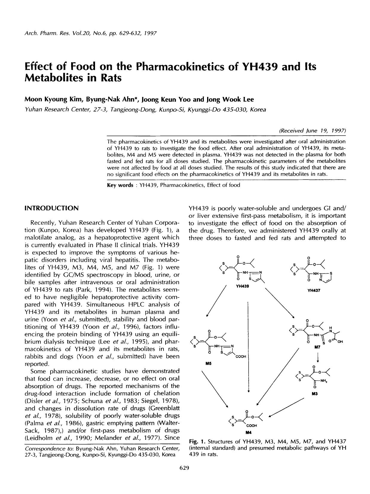 Effect of food on the pharmacokinetics of YH439 and its metabolites in rats by Unknown