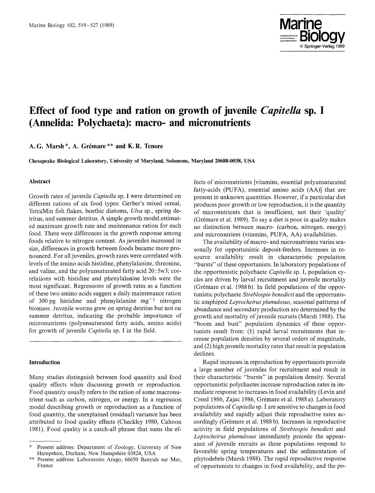 Effect of food type and ration on growth of juvenile <Emphasis Type="Italic">Capitella<Emphasis> sp. I (Annelida: Polychaeta): macro- and micronutrients by Unknown