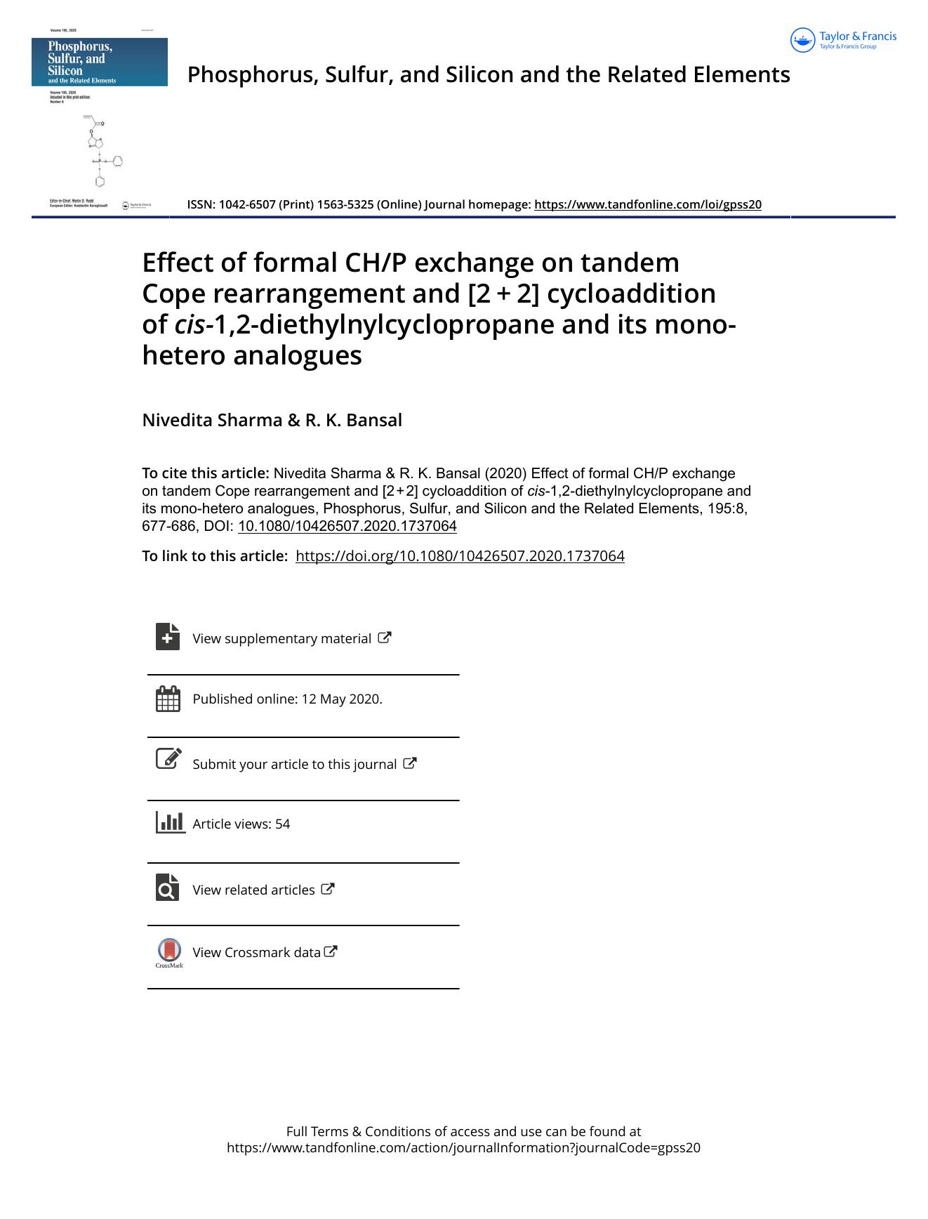 Effect of formal CHP exchange on tandem CopeÂ rearrangement and [2â+â2] cycloaddition of cis-1,2-diethylnylcyclopropane and its mono-hetero analogues by Sharma Nivedita & Bansal R. K