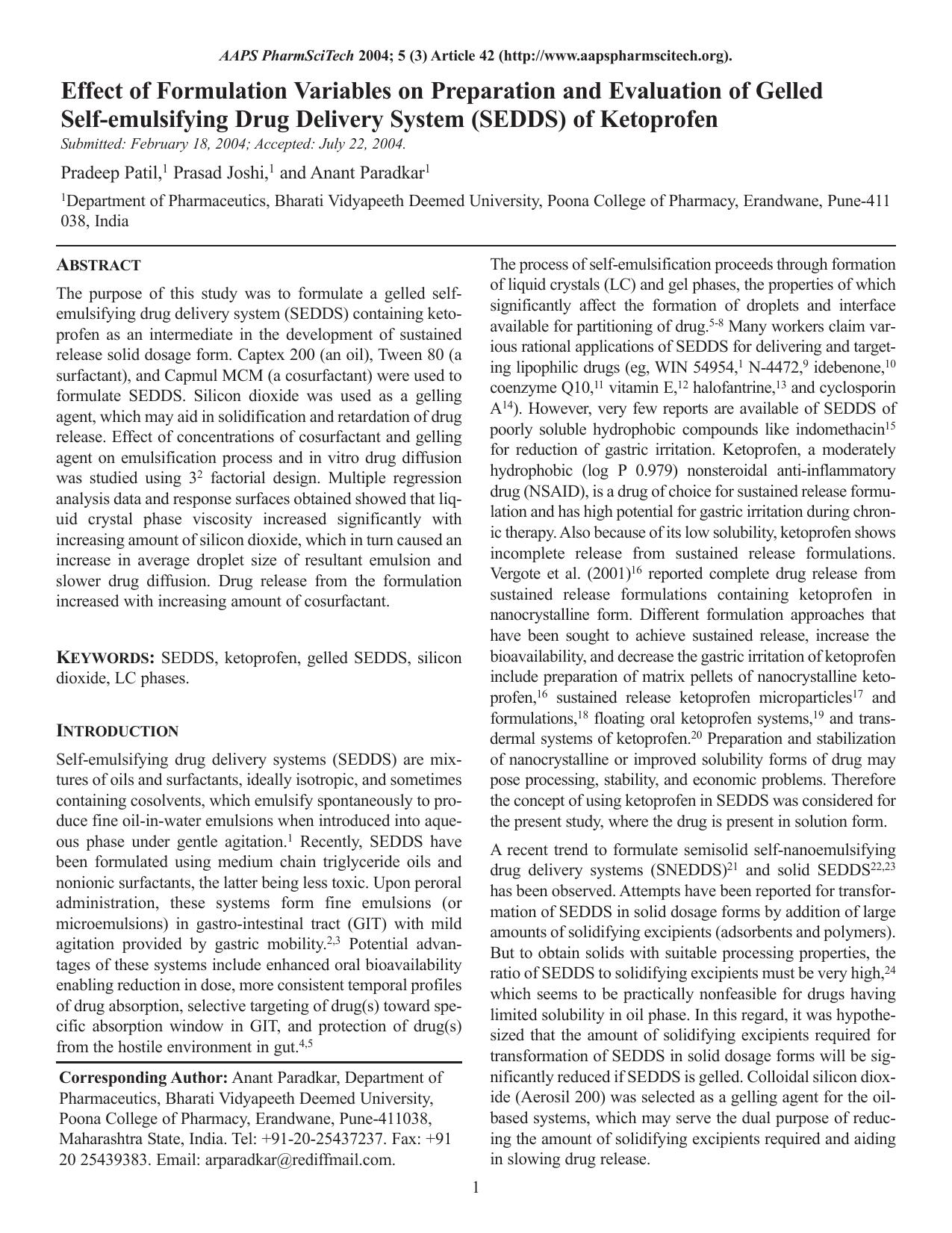 Effect of formulation variables on preparation and evaluation of gelled self-emulsifying drug delivery system (SEDDS) of ketoprofen by Unknown