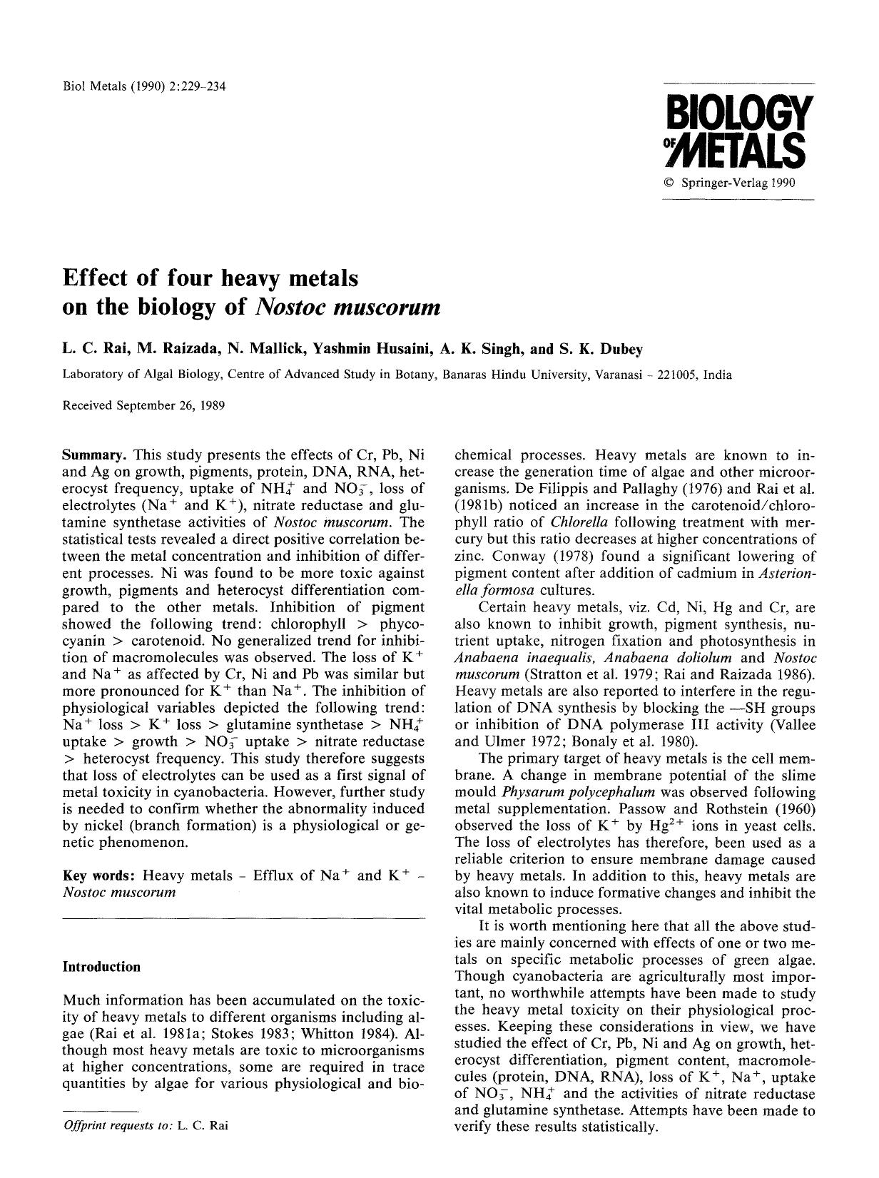 Effect of four heavy metals on the biology of Nostoc muscorum by Unknown