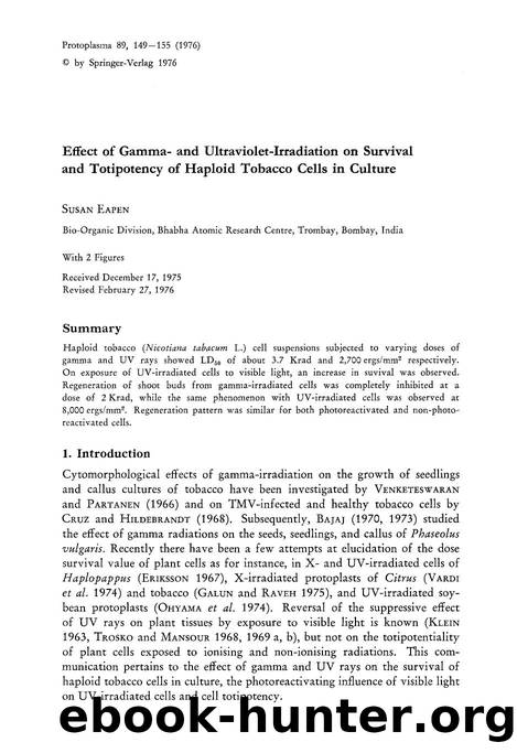 Effect of gamma- and ultraviolet-irradiation on survival and totipotency of haploid tobacco cells in culture by Unknown