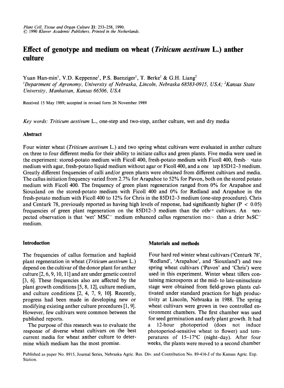 Effect of genotype and medium on wheat ( <Emphasis Type="Italic">Triticum aestivum <Emphasis> L.) anther culture by Unknown