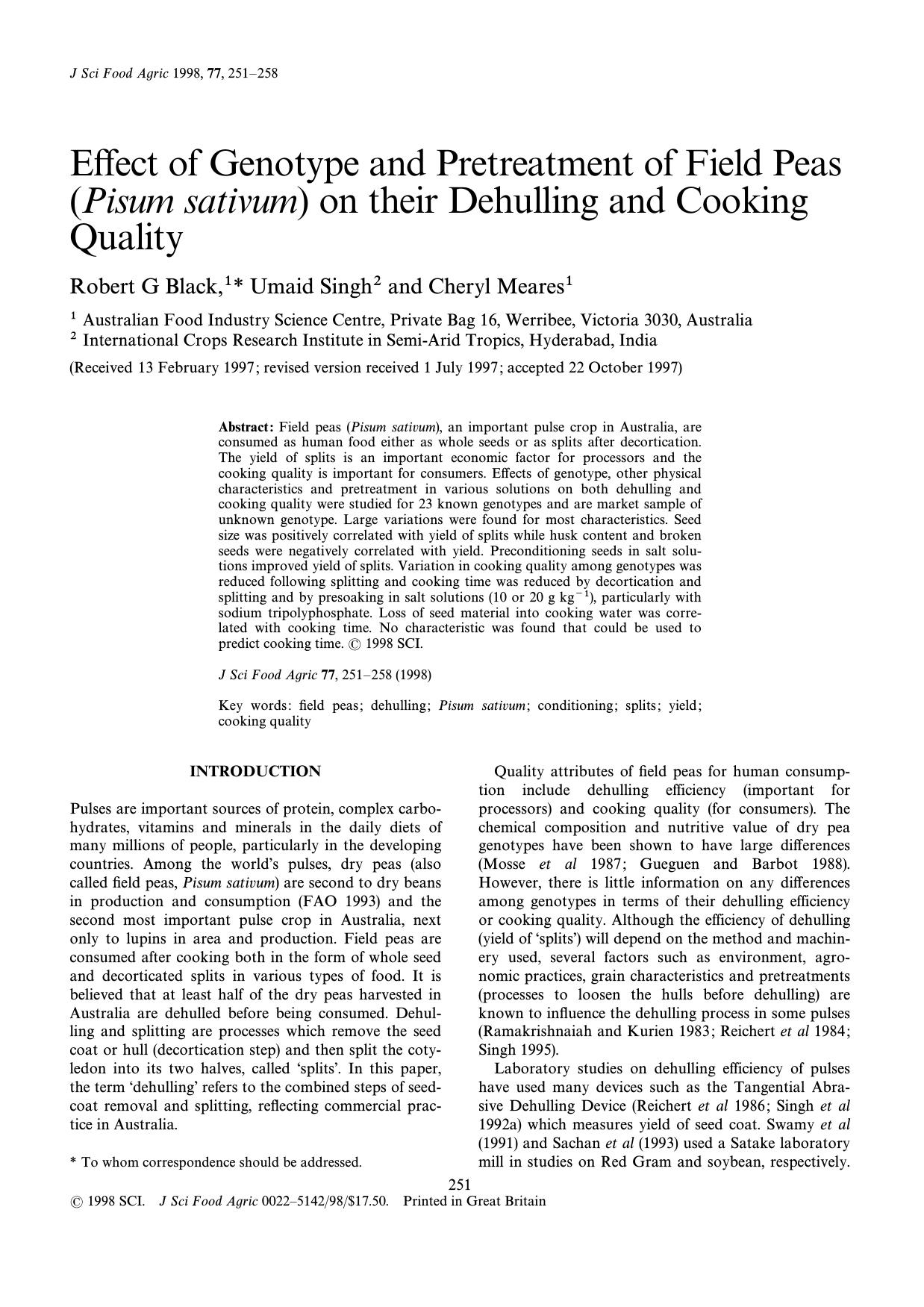 Effect of genotype and pretreatment of field peas (Pisum sativum) on their dehulling and cooking quality by Black Singh Meares