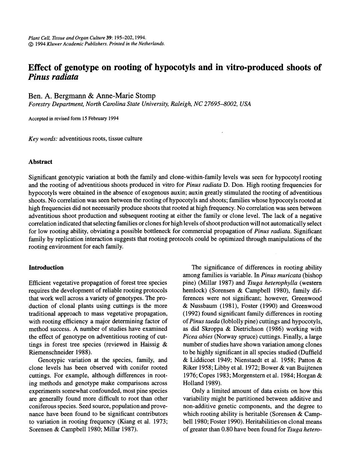 Effect of genotype on rooting of hypocotyls and in vitro-produced shoots of <Emphasis Type="Italic">Pinus radiata <Emphasis> by Unknown