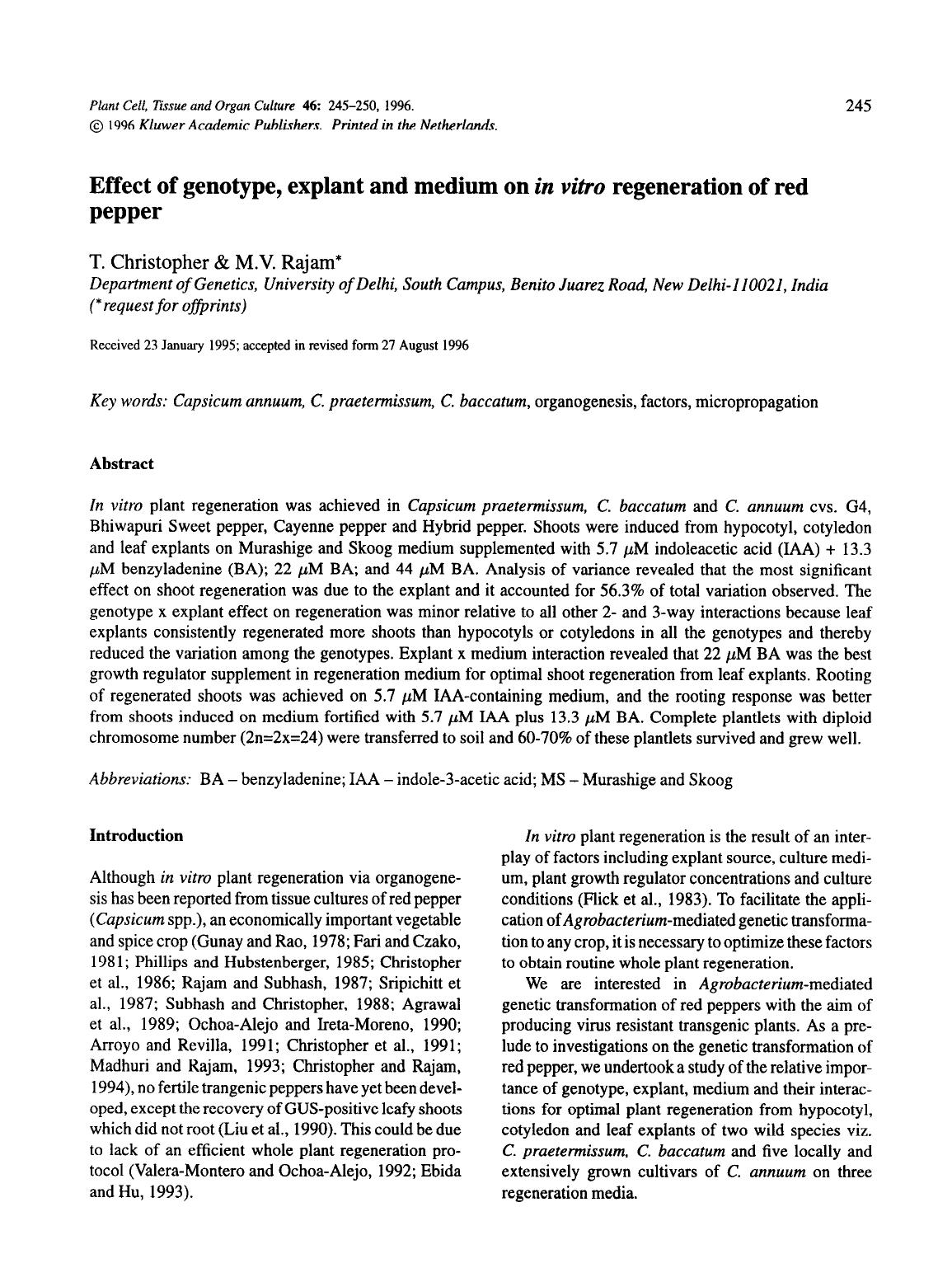 Effect of genotype, explant and medium on <Emphasis Type="Italic">in vitro <Emphasis> regeneration of red pepper by Unknown