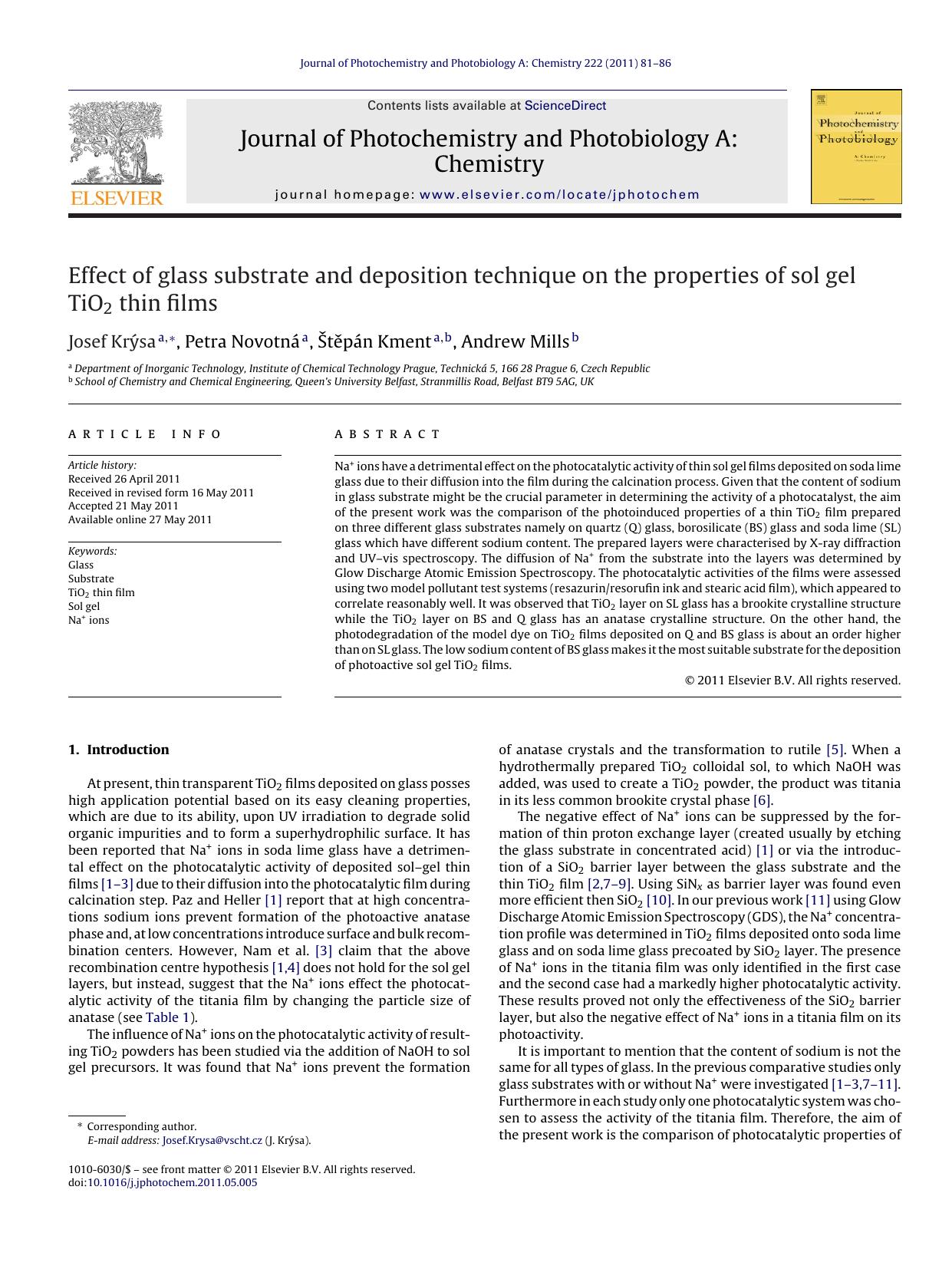 Effect of glass substrate and deposition technique on the properties of sol gel TiO2 thin films by Josef KrÃ½sa