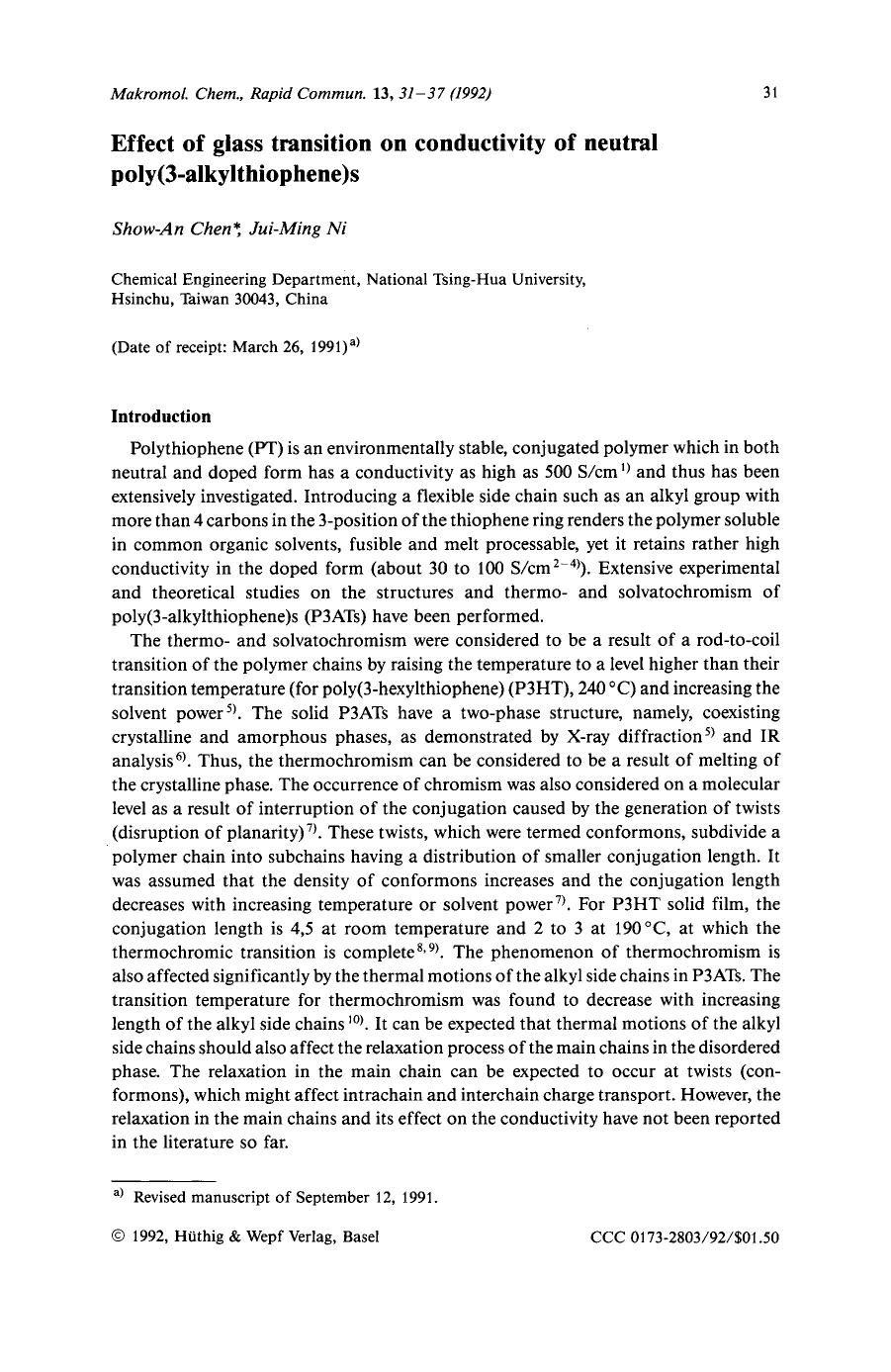 Effect of glass transition on conductivity of neutral poly(3-alkylthiophene)s by Unknown