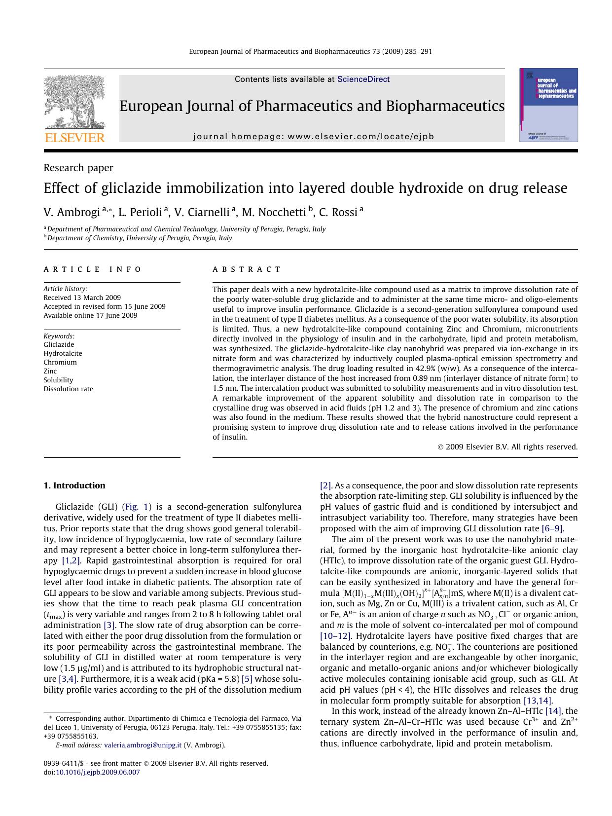 Effect of gliclazide immobilization into layered double hydroxide on drug release by V. Ambrogi; L. Perioli; V. Ciarnelli; M. Nocchetti; C. Rossi