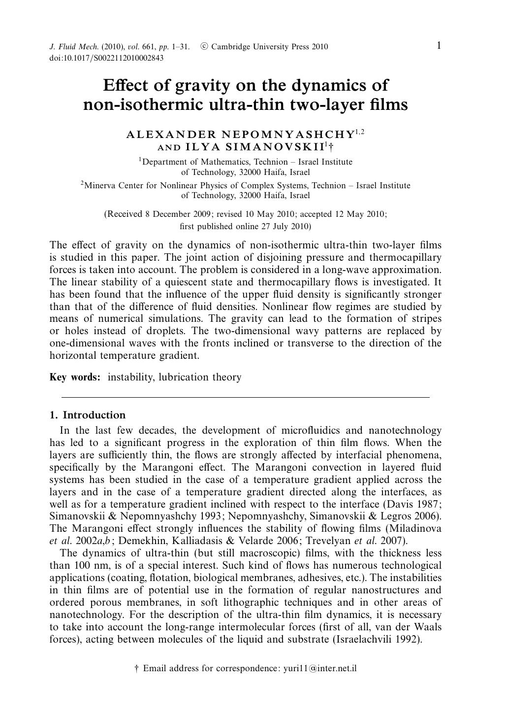 Effect of gravity on the dynamics of non-isothermic ultra-thin two-layer films by ALEXANDER NEPOMNYASHCHY ILYA SIMANOVSKII