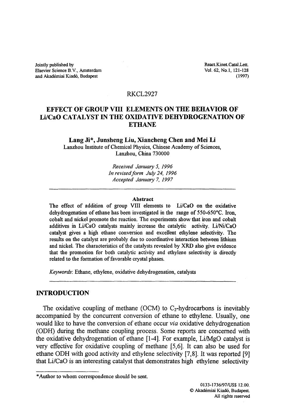 Effect of group VIII elements on the behavior of LiCaO catalyst in the oxidative dehydrogenation of ethane by Unknown