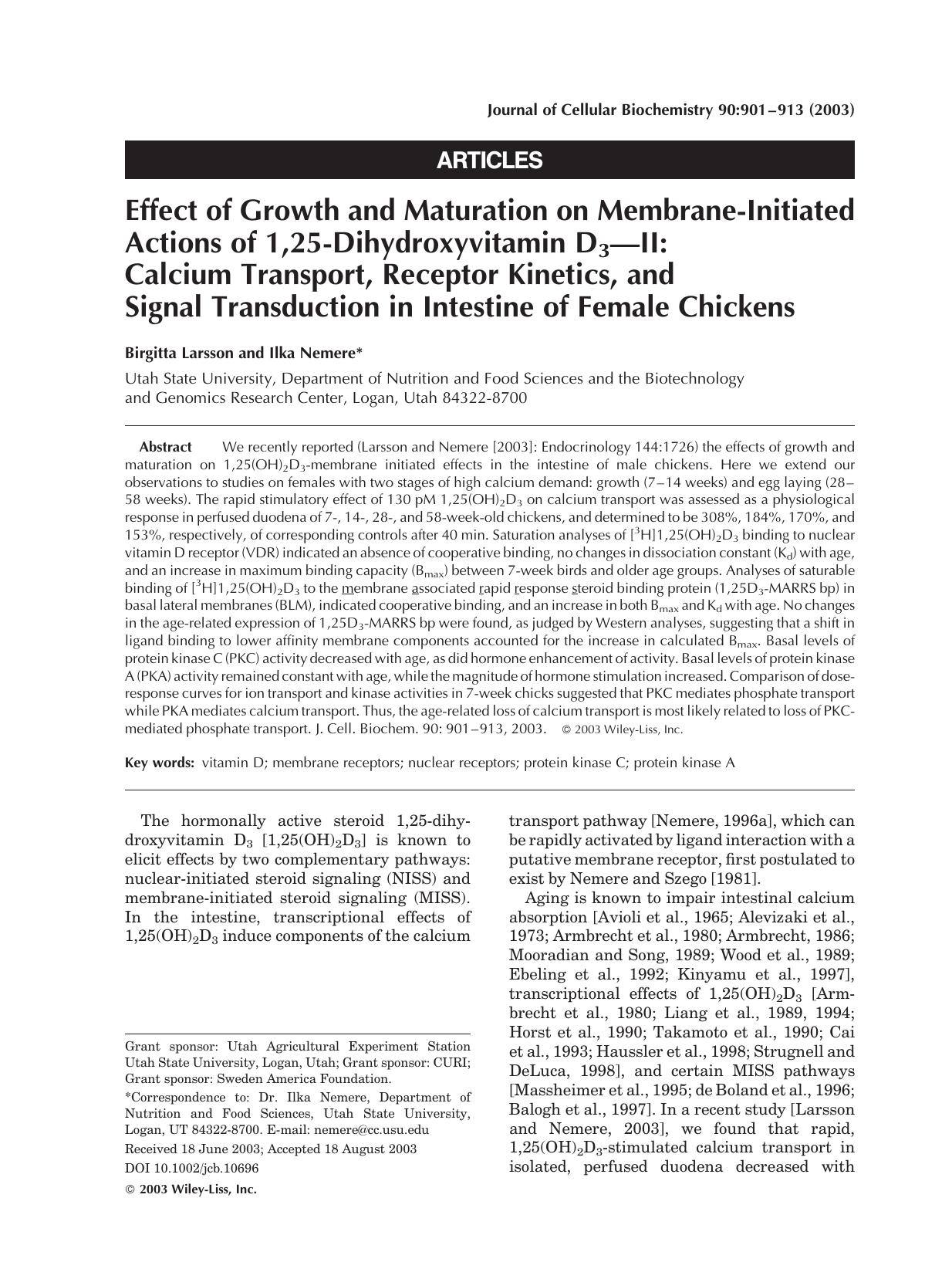 Effect of growth and maturation on membrane-initiated actions of 1,25-dihydroxyvitamin D3-II: Calcium transport, receptor kinetics, and signal transduction in intestine of female chickens by Unknown