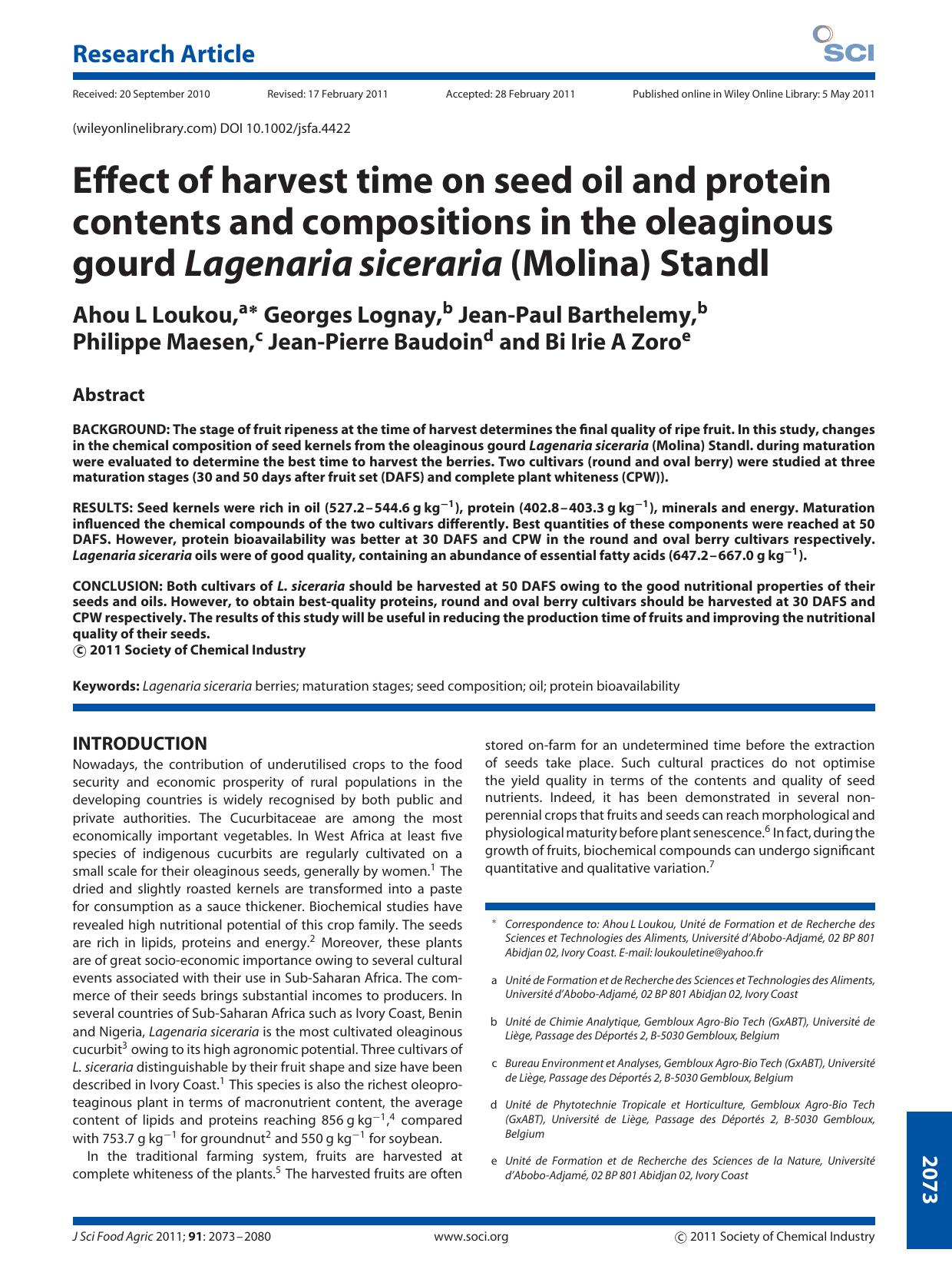 Effect of harvest time on seed oil and protein contents and compositions in the oleaginous gourd Lagenaria siceraria (Molina) Standl by Unknown
