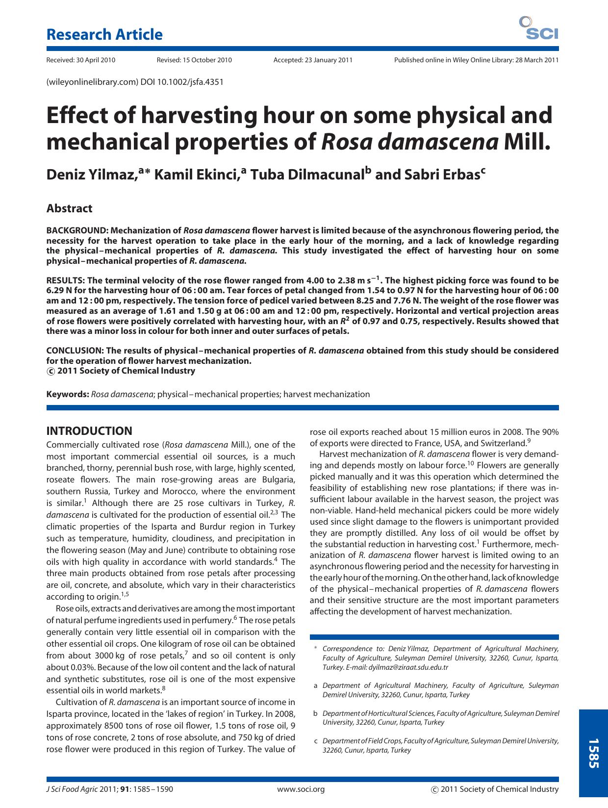 Effect of harvesting hour on some physical and mechanical properties of Rosa damascena Mill. by Unknown