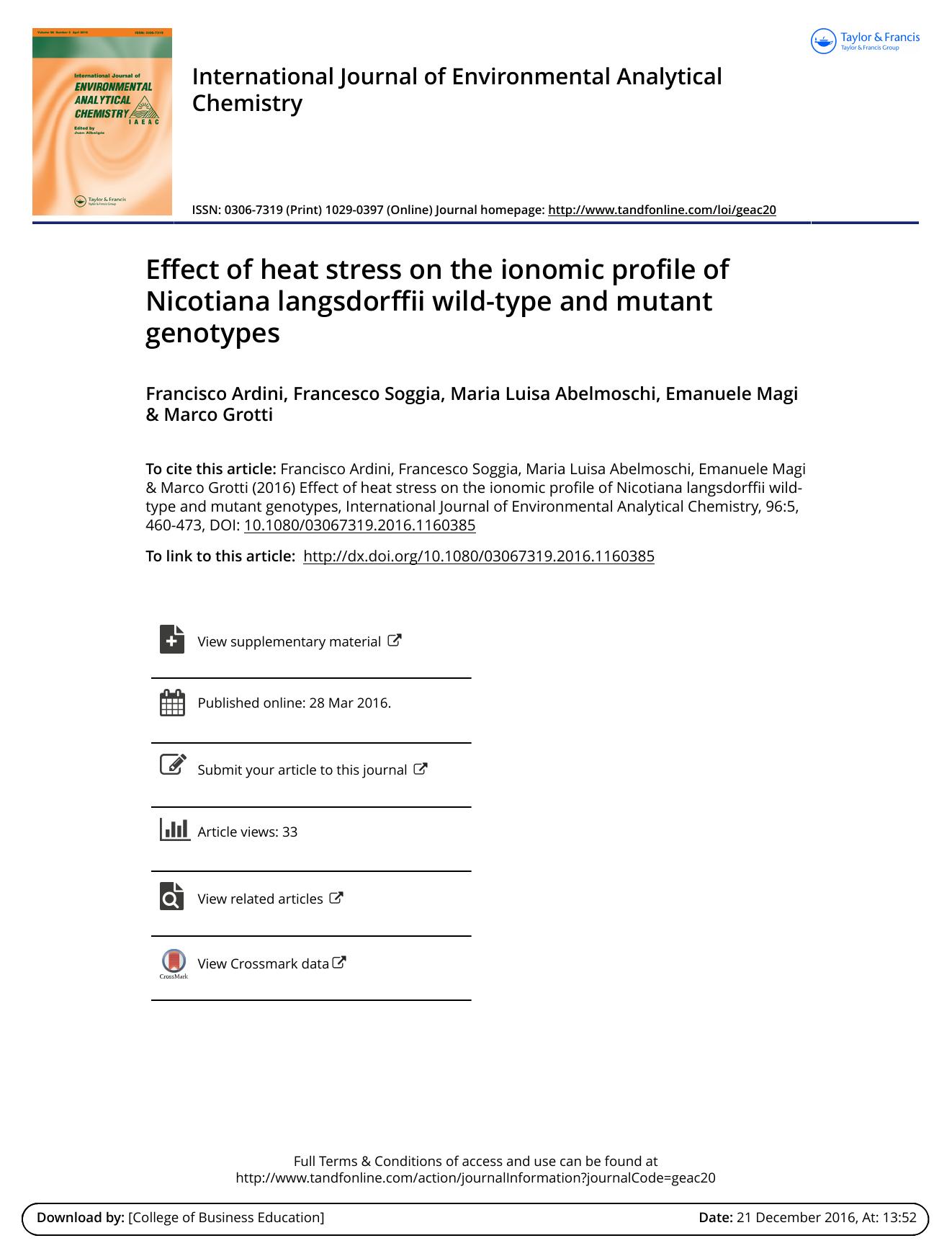 Effect of heat stress on the ionomic profile of Nicotiana langsdorffii wild-type and mutant genotypes by Francisco Ardini & Francesco Soggia & Maria Luisa Abelmoschi & Emanuele Magi & Marco Grotti