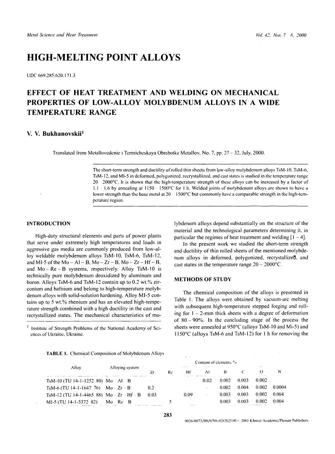 Effect of heat treatment and welding on mechanical properties of low-alloy molybdenum alloys in a wide temperature range by Unknown