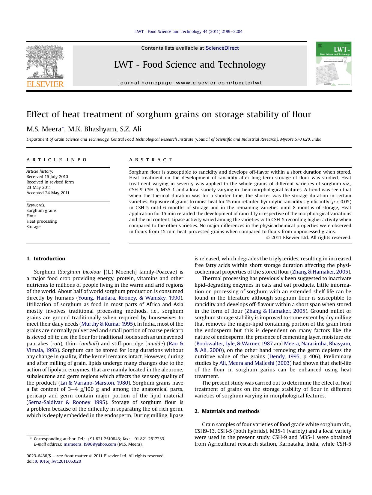 Effect of heat treatment of sorghum grains on storage stability of flour by M.S. Meera & M.K. Bhashyam & S.Z. Ali