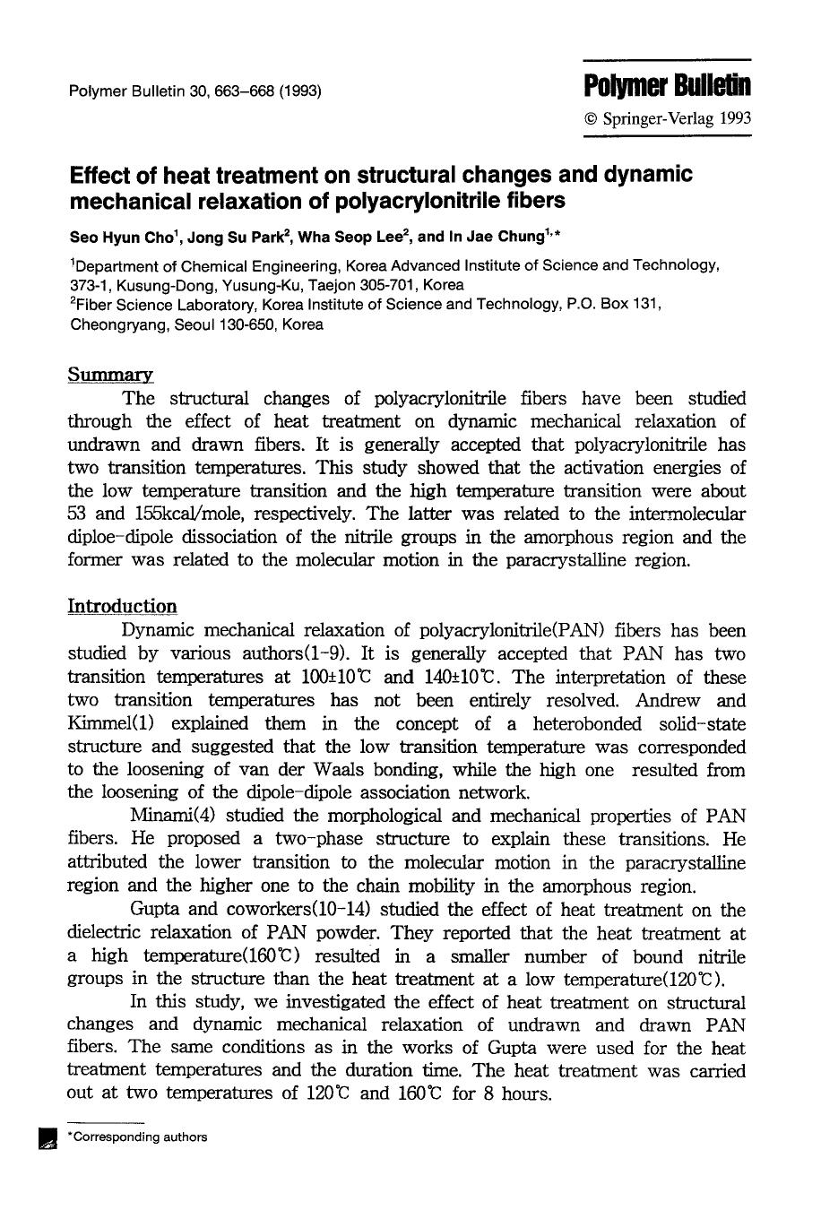 Effect of heat treatment on structural changes and dynamic mechanical relaxation of polyacrylonitrile fibers by Unknown