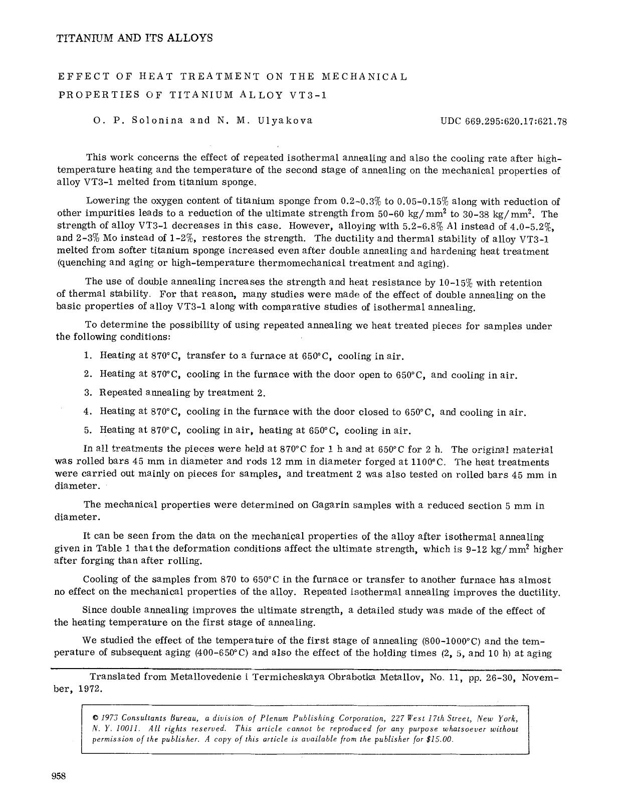 Effect of heat treatment on the mechanical properties of titanium alloy VT3-1 by Unknown