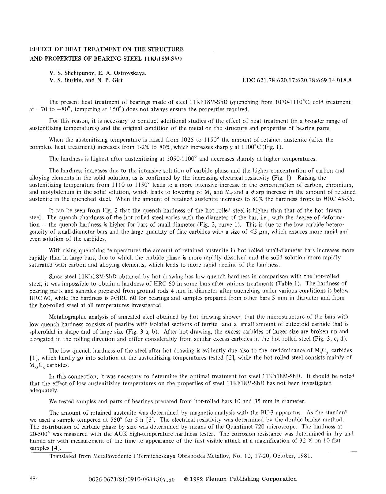 Effect of heat treatment on the structure and properties of bearing steel 11Kh18M-ShD by Unknown