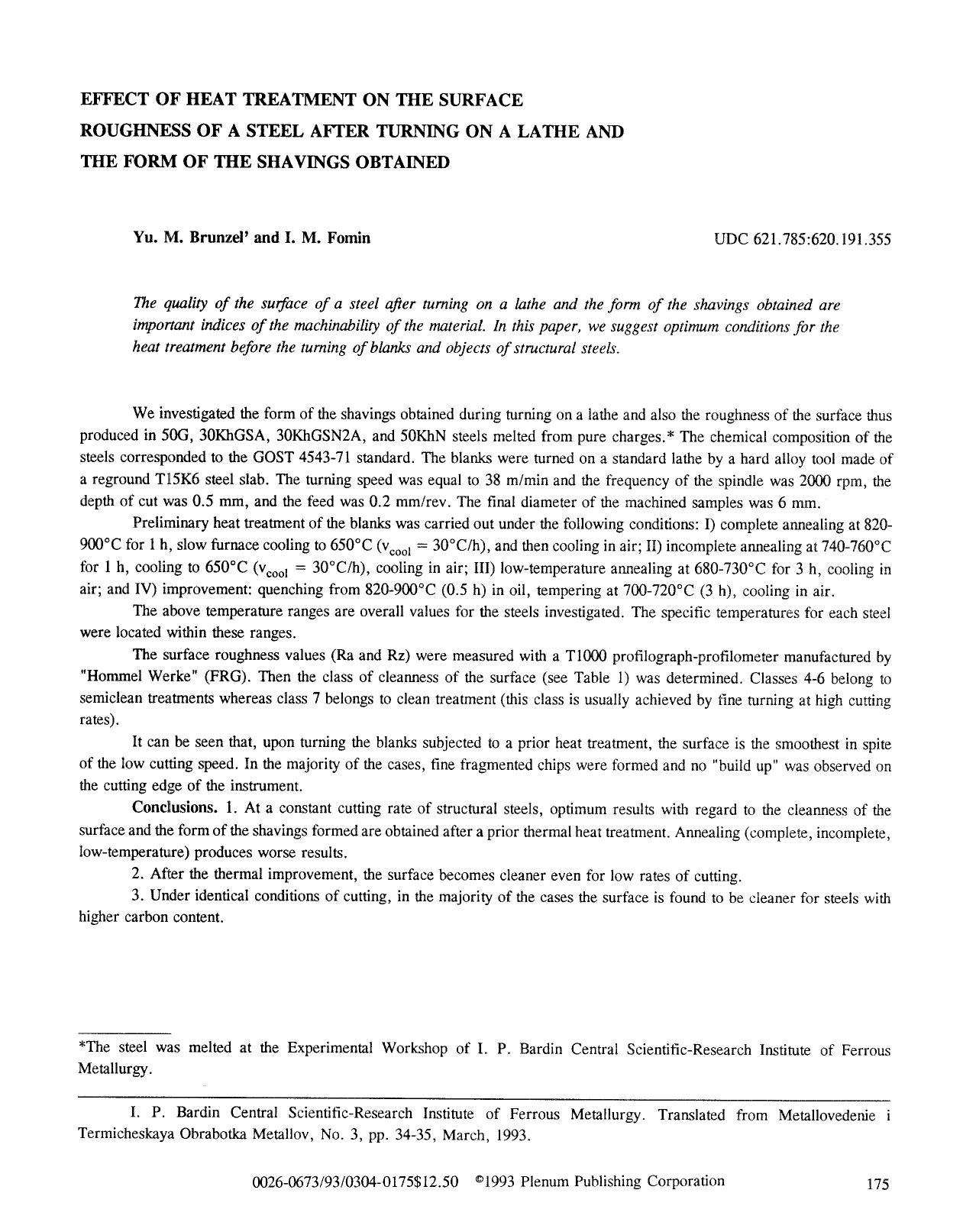Effect of heat treatment on the surface roughness of a steel after turning on a lathe and the form of the shavings obtained by Unknown
