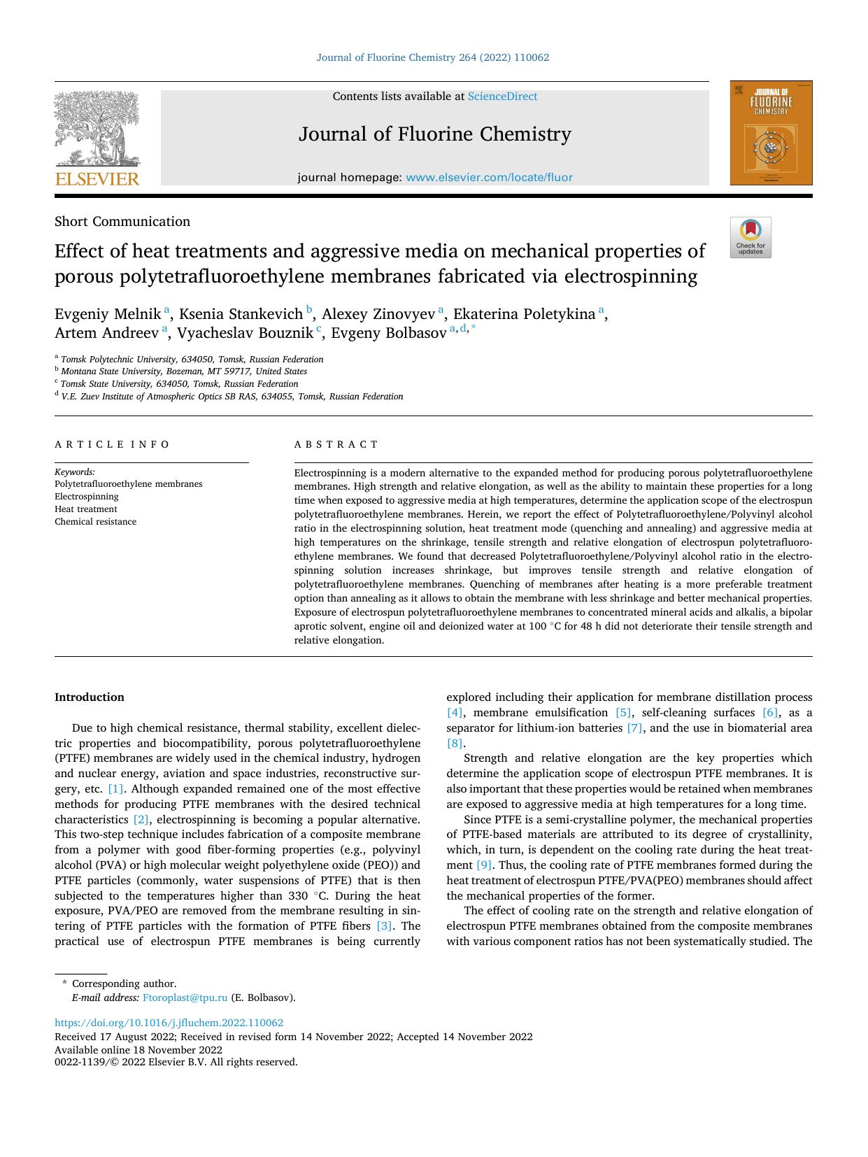 Effect of heat treatments and aggressive media on mechanical properties of porous polytetrafluoroethylene membranes fabricated via electrospinning by unknow