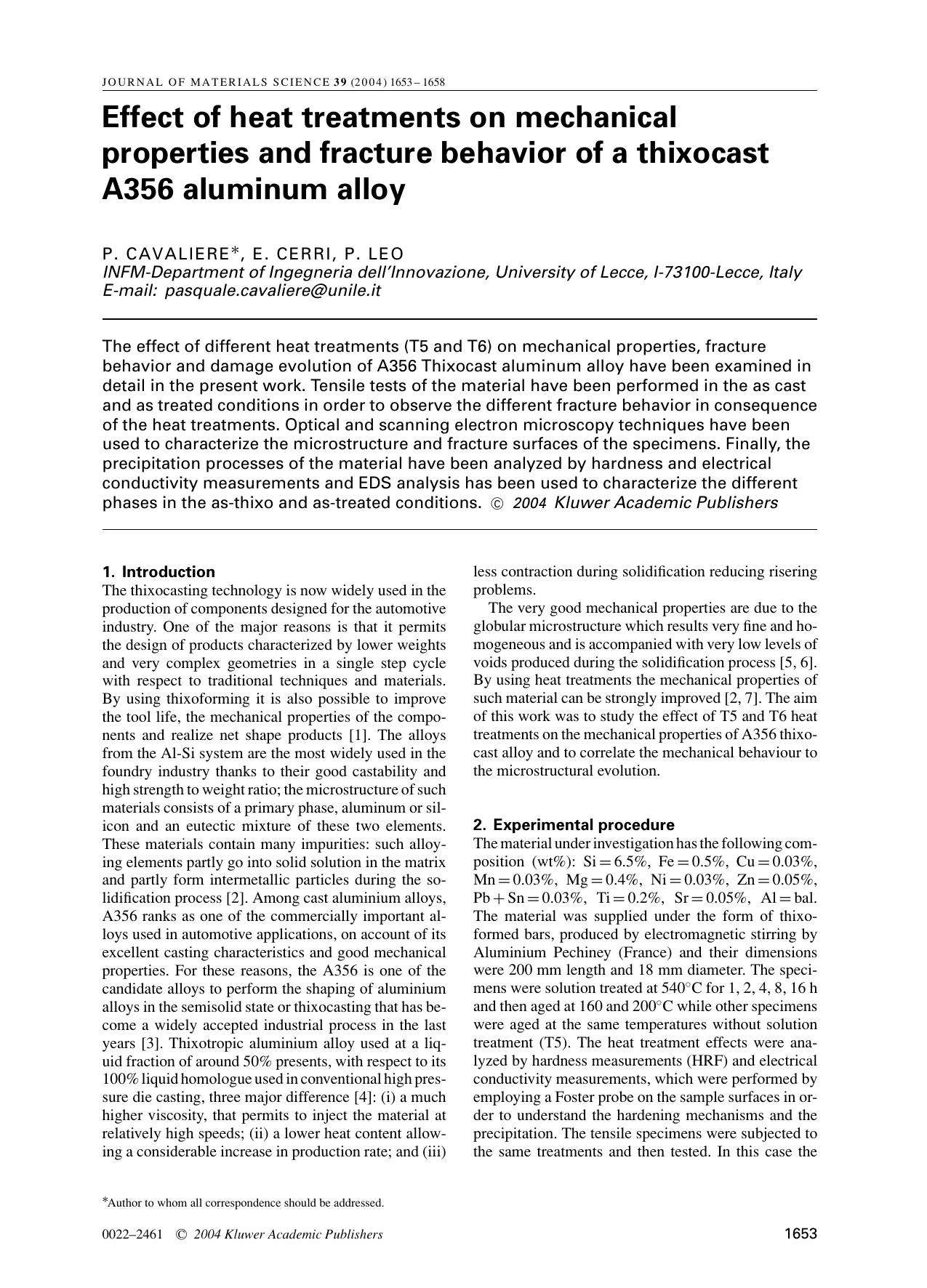 Effect of heat treatments on mechanical properties and fracture behavior of a thixocast A356 aluminum alloy by Unknown