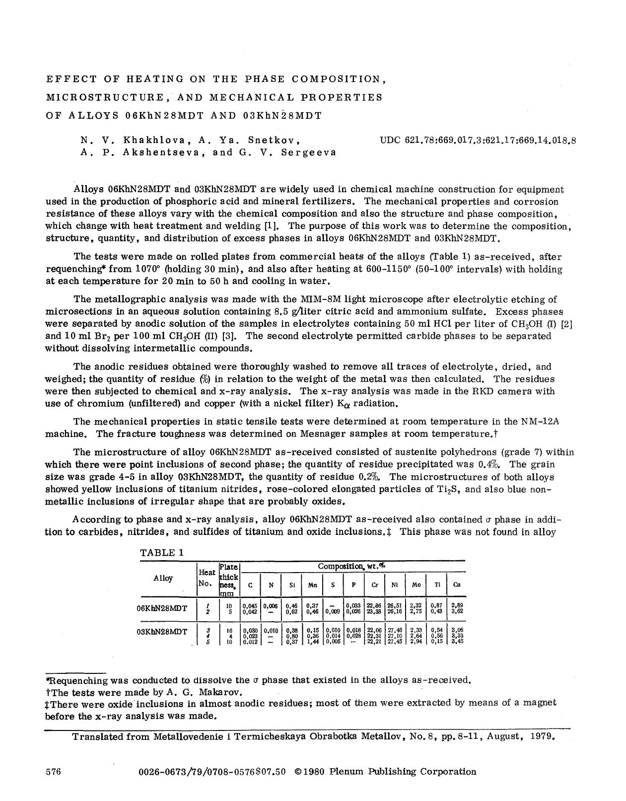 Effect of heating on the phase composition, microstructure, and mechanical properties of alloys 06KhN28MDT and 03KhN28MDT by Unknown