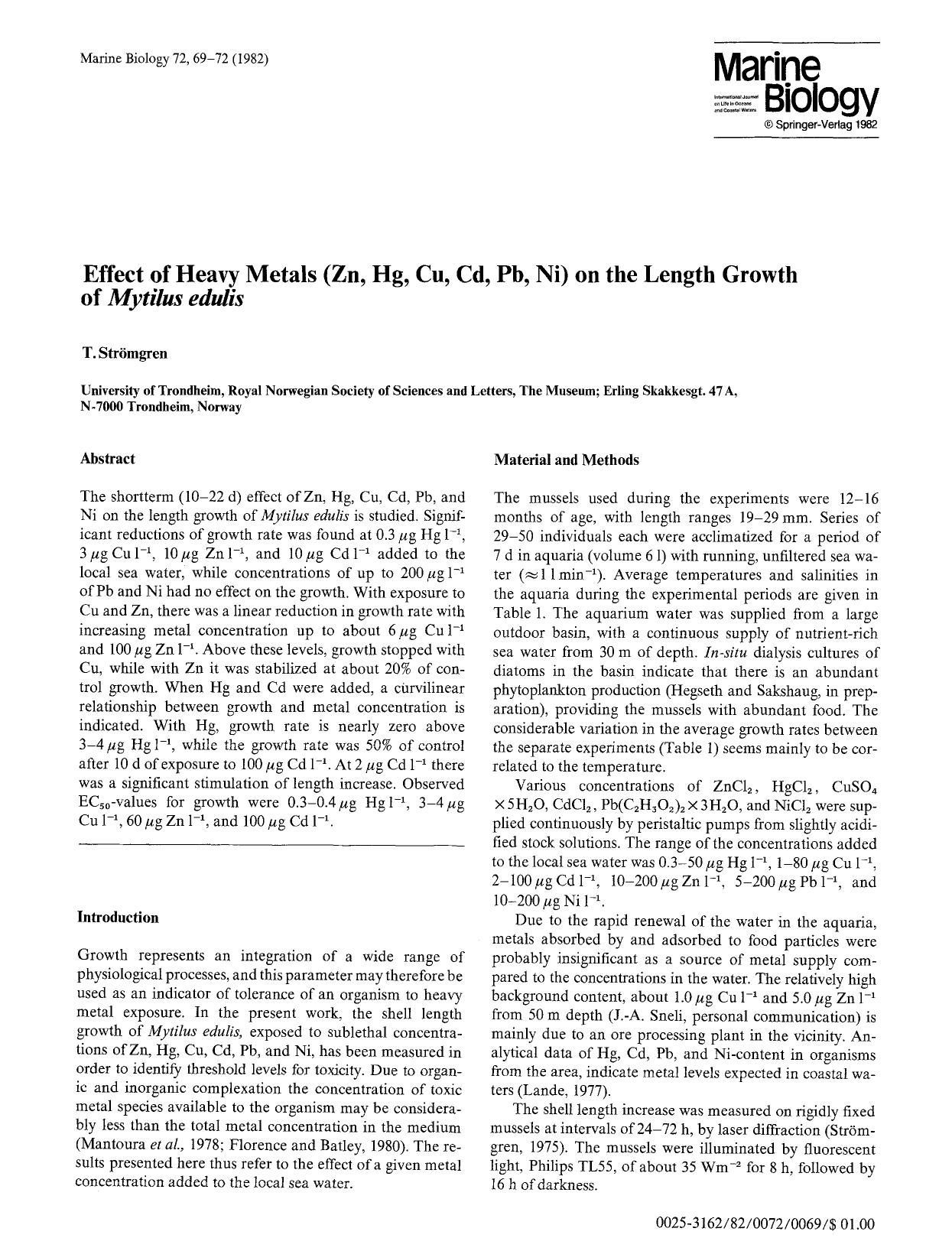 Effect of heavy metals (Zn, Hg, Cu, Cd, Pb, Ni) on the length growth of <Emphasis Type="Italic">Mytilus edulis<Emphasis> by Unknown
