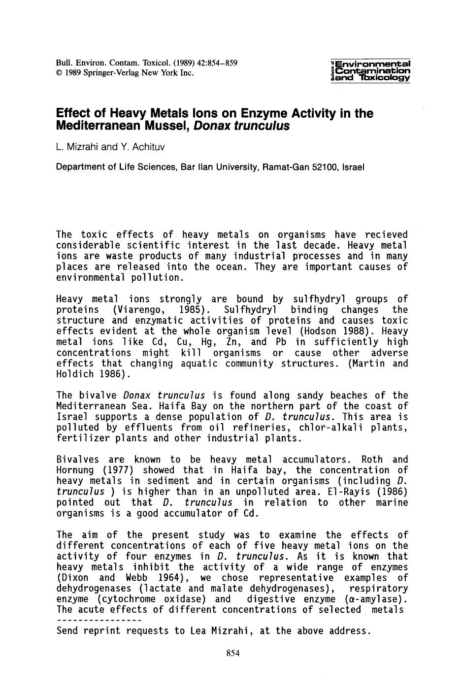 Effect of heavy metals ions on enzyme activity in the mediterranean mussel, <Emphasis Type="Italic">Donax trunculus <Emphasis> by Unknown