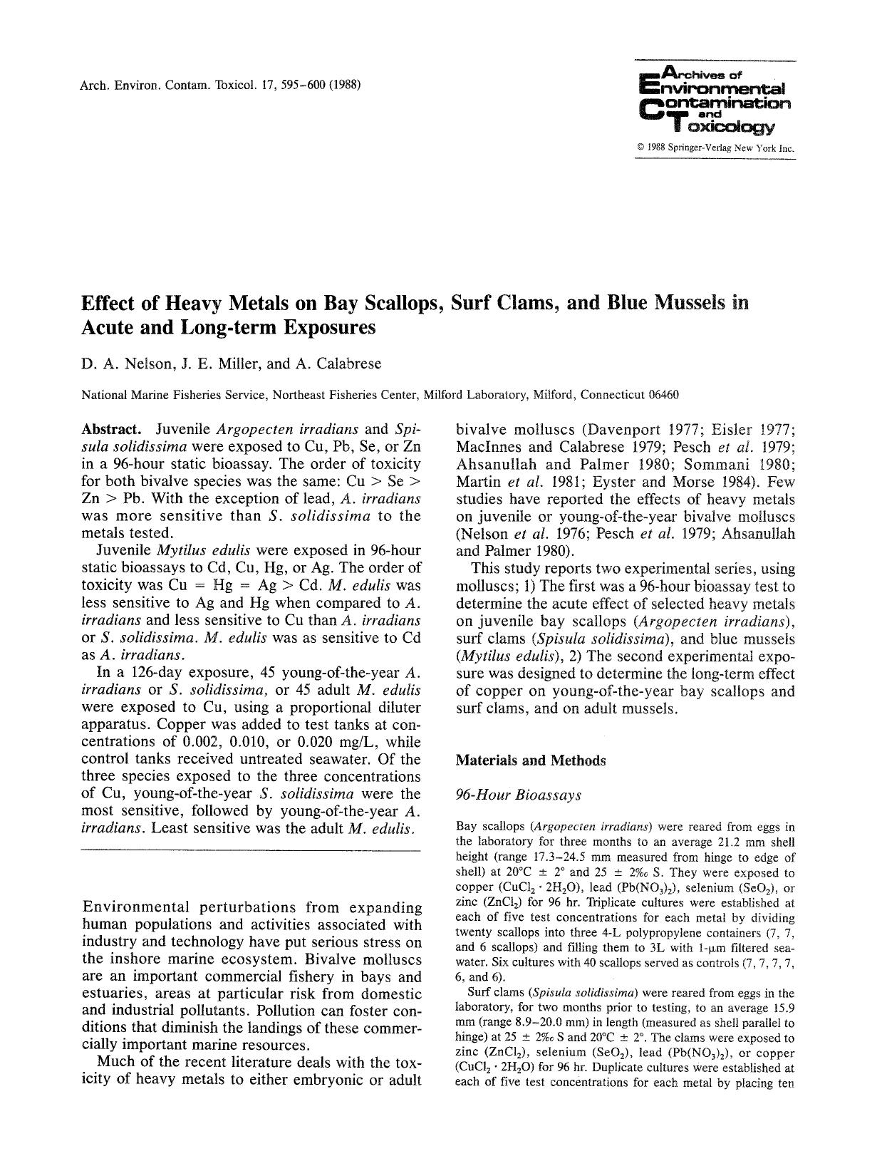 Effect of heavy metals on bay scallops, surf clams, and blue mussels in acute and long-term exposures by Unknown
