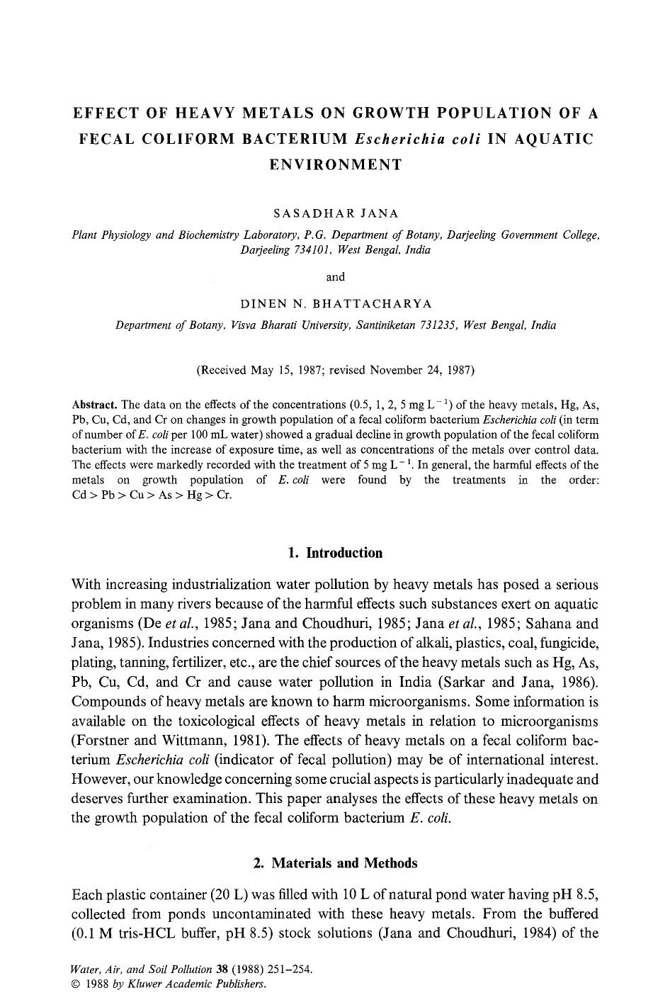 Effect of heavy metals on growth population of a fecal coliform bacterium <Emphasis Type="Italic">Escherichia coli<Emphasis> in aquatic environment by Unknown