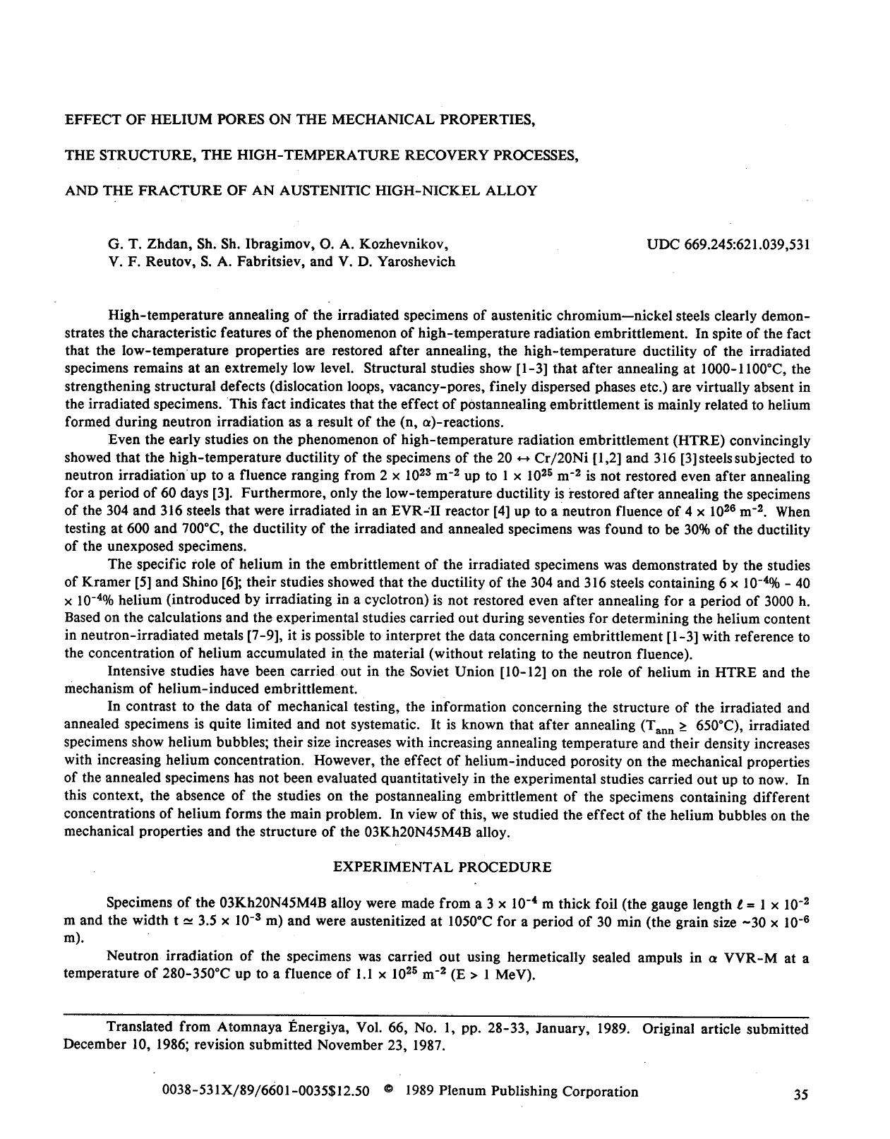 Effect of helium pores on the mechanical properties, the structure, the high-temperature recovery processes, and the fracture of an austenitic high-nickel alloy by Unknown
