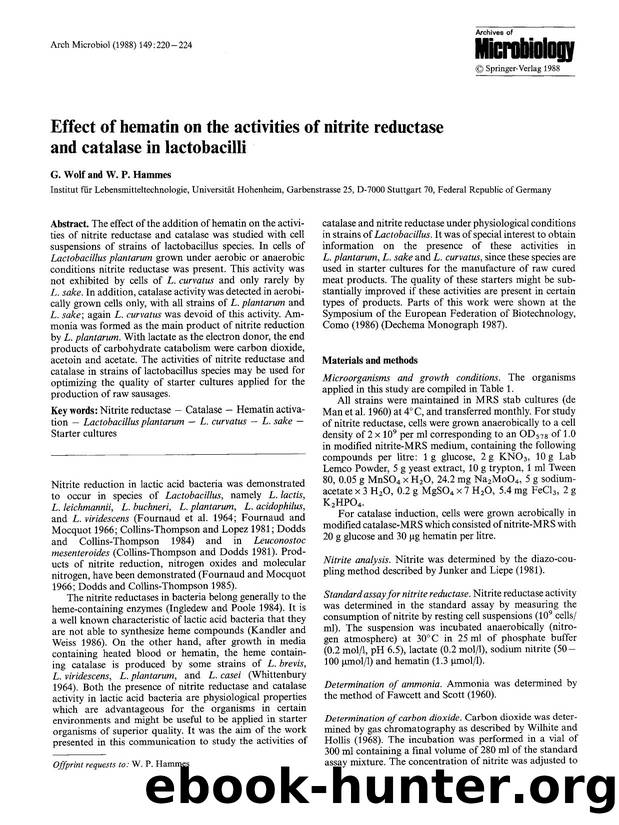 Effect of hematin on the activities of nitrite reductase and catalase in lactobacilli by Unknown