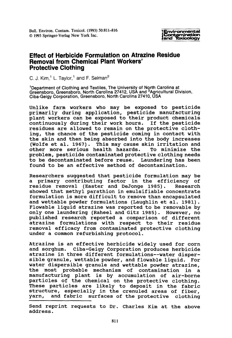 Effect of herbicide formulation on atrazine residue removal from chemical plant workers' protective clothing by Unknown
