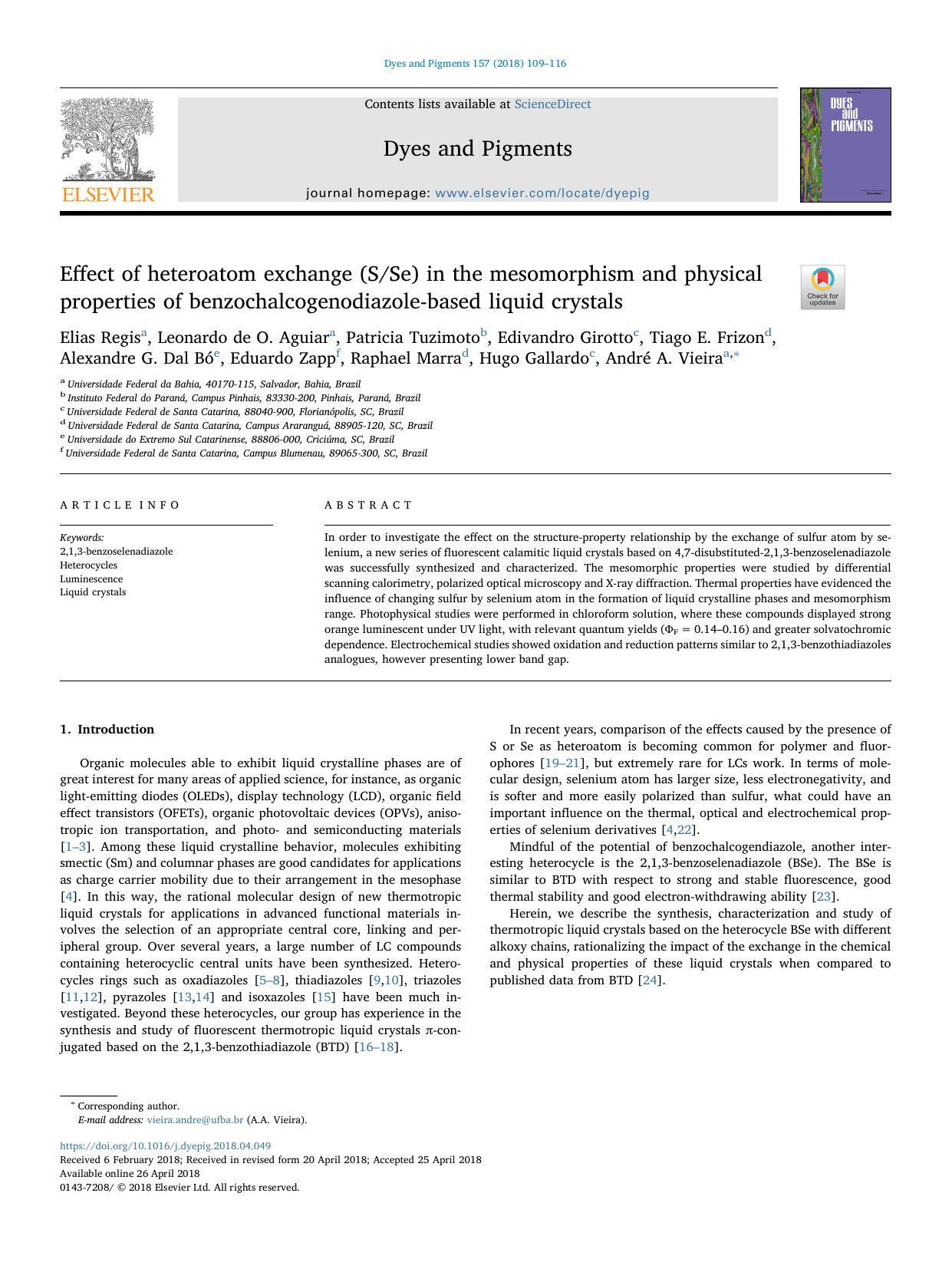 Effect of heteroatom exchange (SSe) in the mesomorphism and physical properties of benzochalcogenodiazole-based liquid crystals by unknow